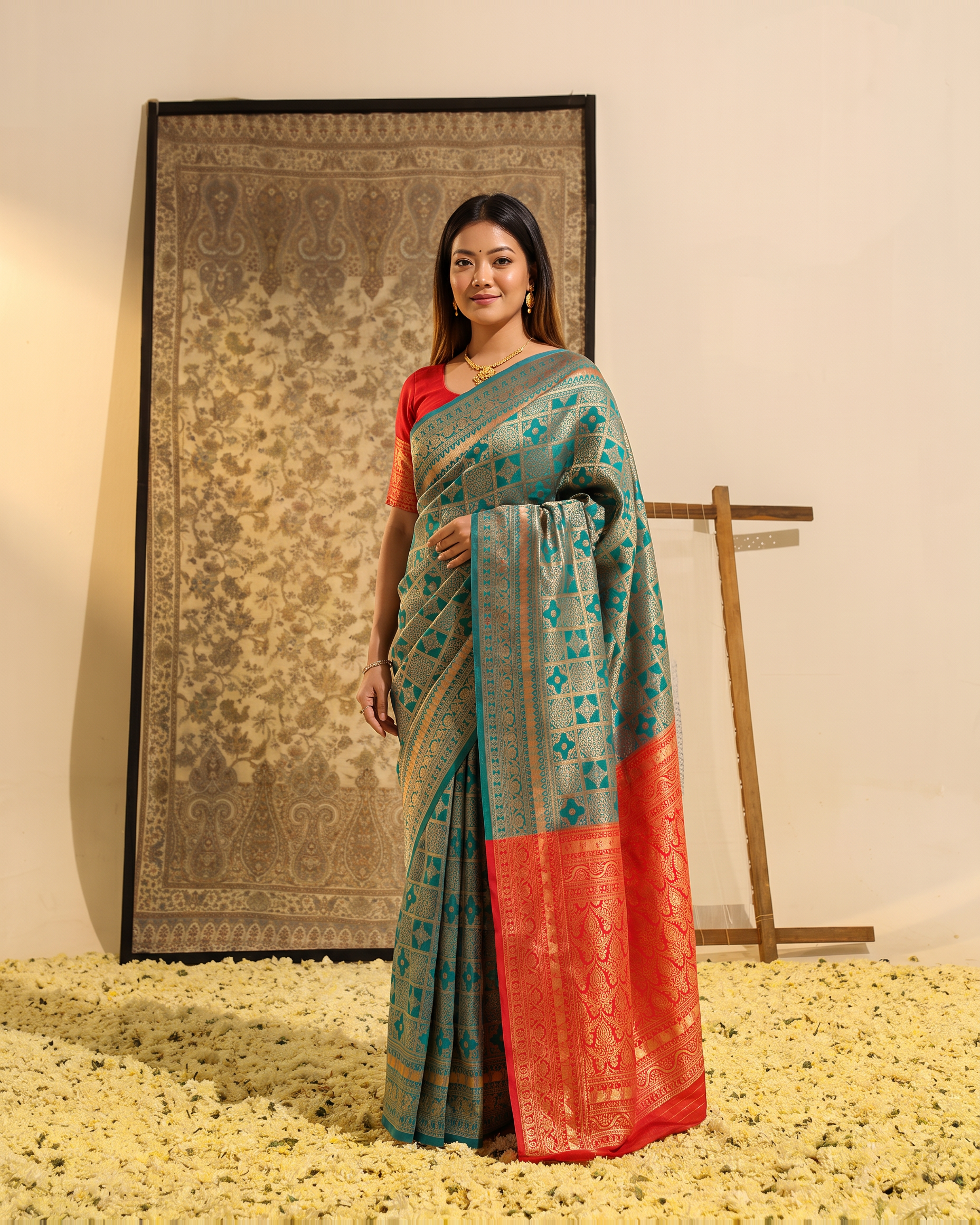 Ira Box Pattern Festive Saree with Modern Designer Pallu - Aqua Orange - full saree hero