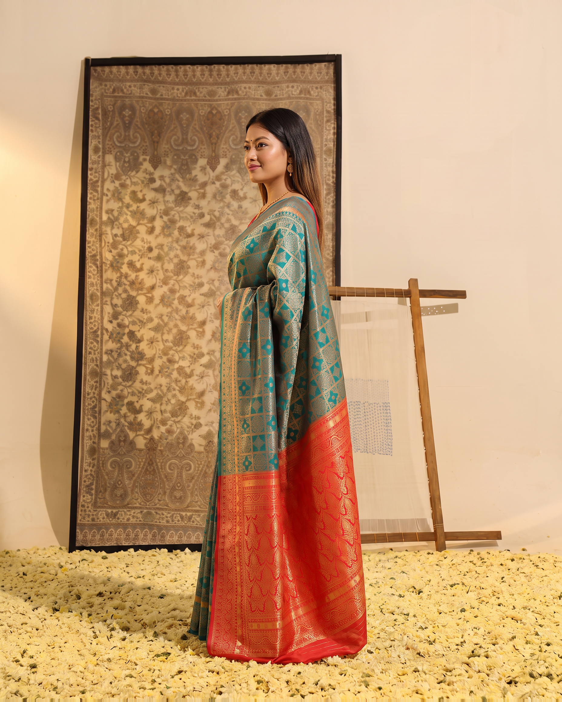 Ira Box Pattern Festive Saree with Modern Designer Pallu - Aqua Orange - side