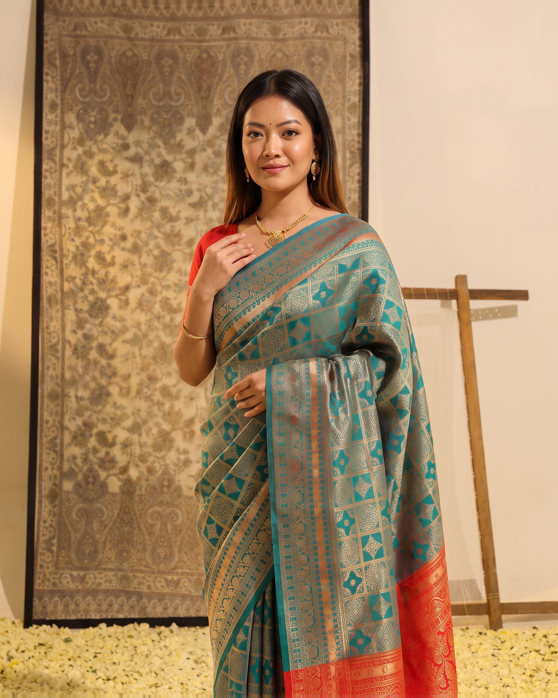 Ira Box Pattern Festive Saree with Modern Designer Pallu - Aqua Orange - upper closeup