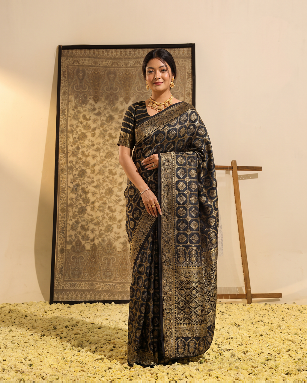 Ira Box Pattern Festive Saree with Modern Designer Pallu - Black - full saree hero