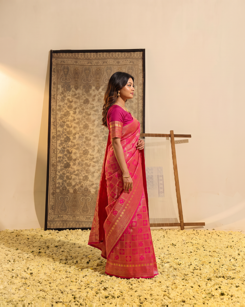 Ira Box Pattern Festive Saree with Modern Designer Pallu - Pink - side