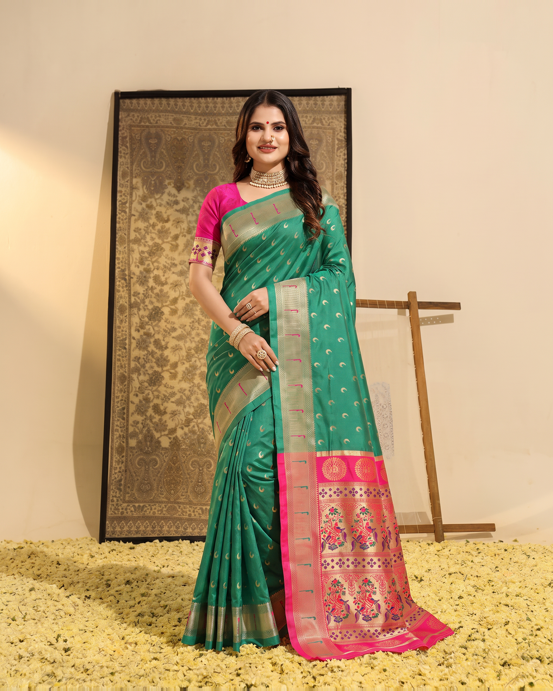 Ira Heritage Zari Pallu Paithani Silk Saree - Aqua Green - full saree hero