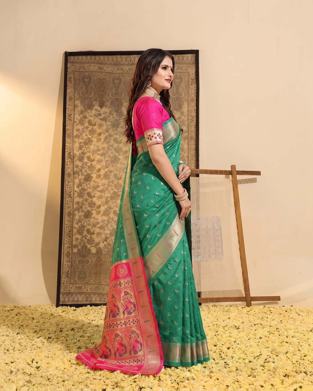 Ira Heritage Zari Pallu Paithani Silk Saree - Aqua Green - side drape