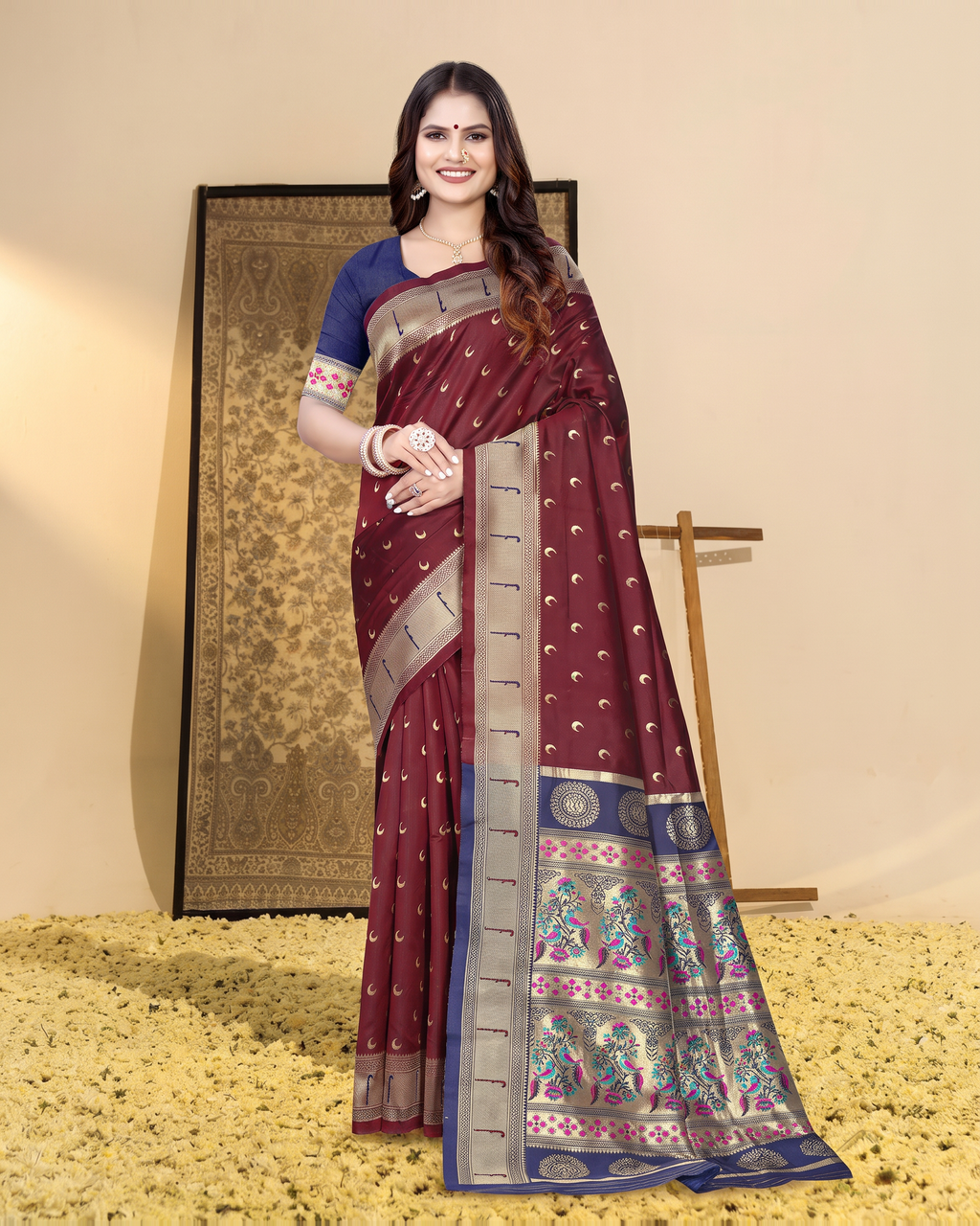 Ira Heritage Zari Pallu Paithani Silk Saree - Maroon - full saree hero