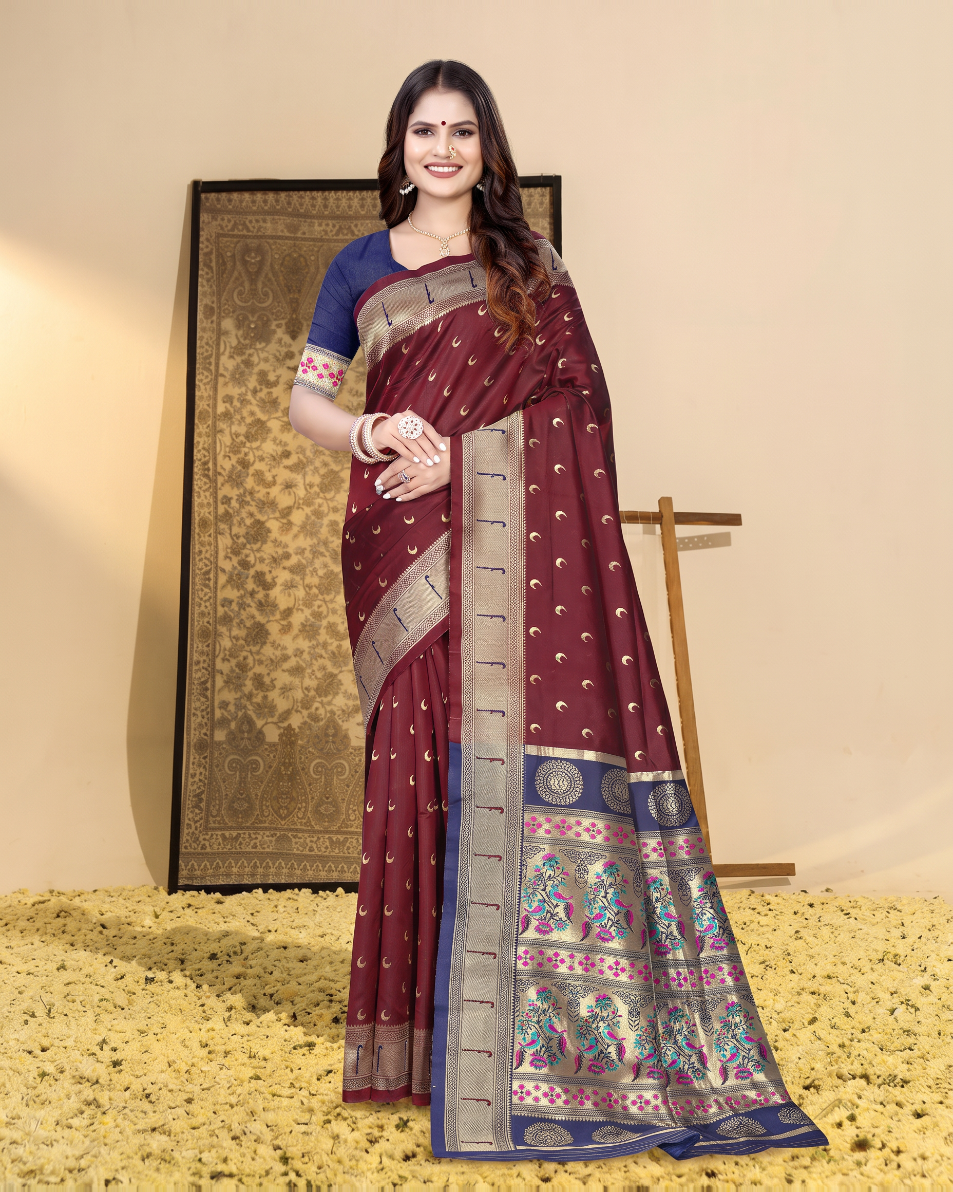 Ira Heritage Zari Pallu Paithani Silk Saree - Maroon - full saree hero