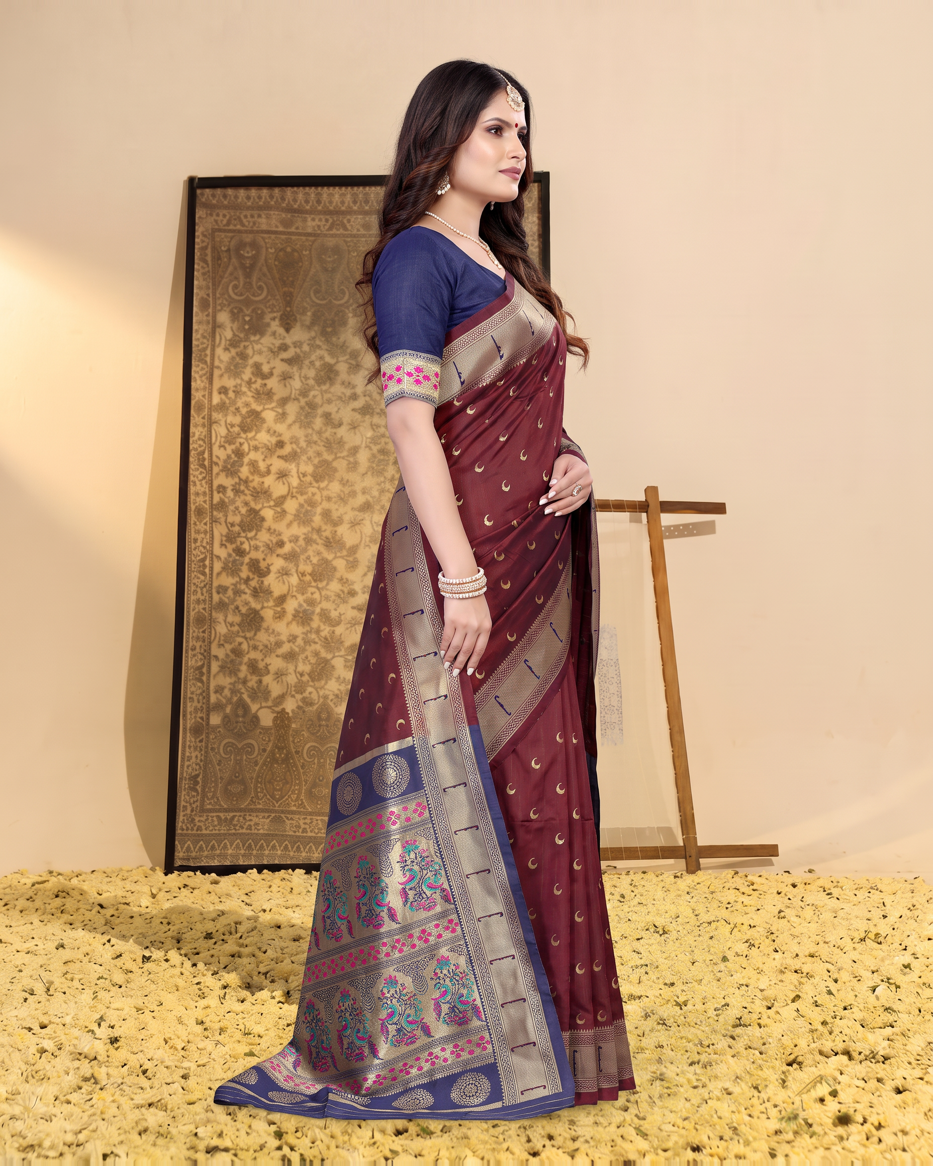 Ira Heritage Zari Pallu Paithani Silk Saree - Maroon - side drape