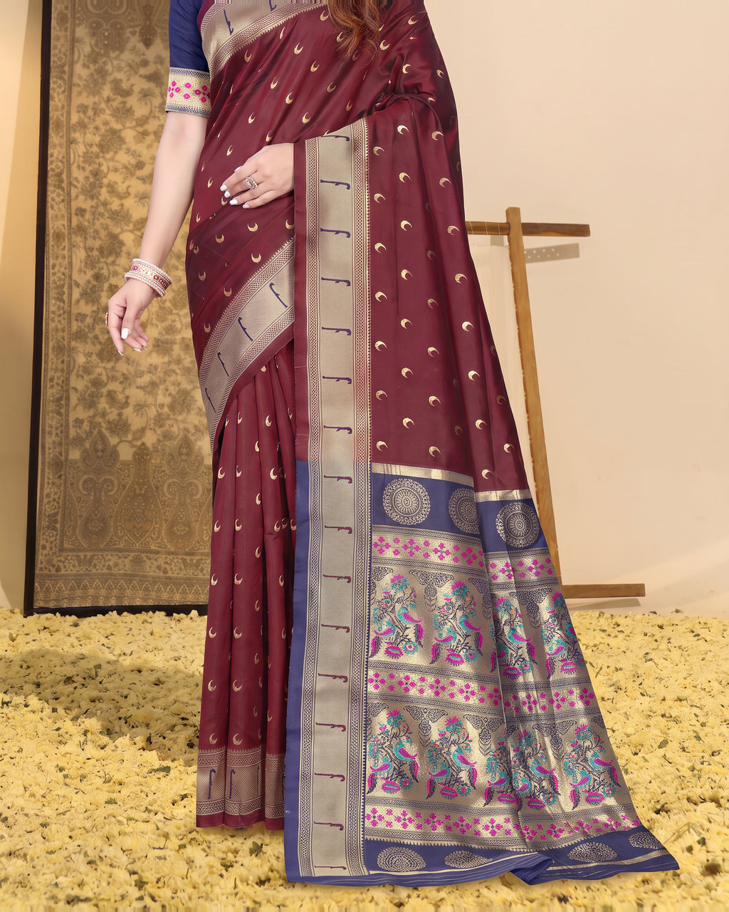 Ira Heritage Zari Pallu Paithani Silk Saree - Maroon - lower closeup