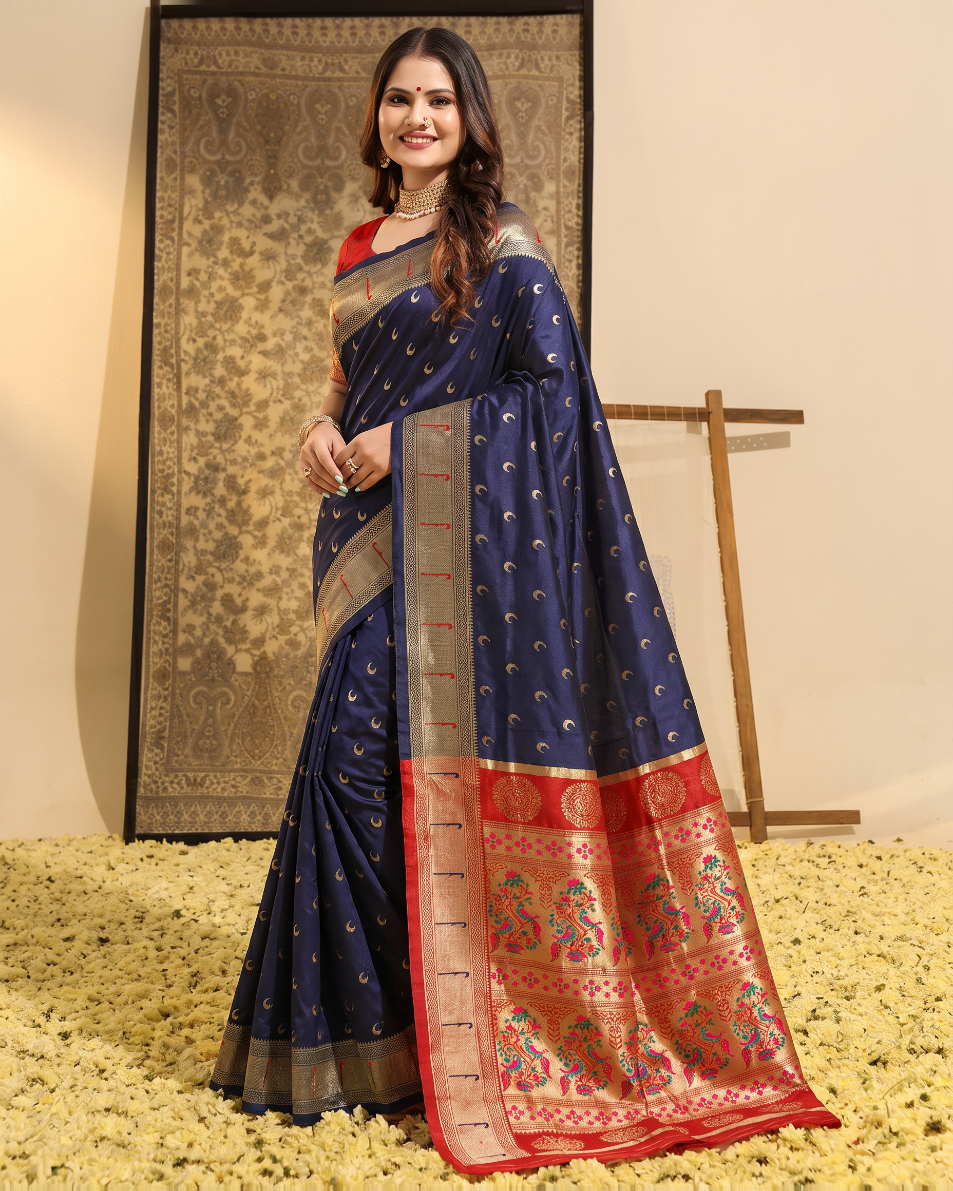 Ira Heritage Zari Pallu Paithani Silk Saree - Navy Blue - full saree hero