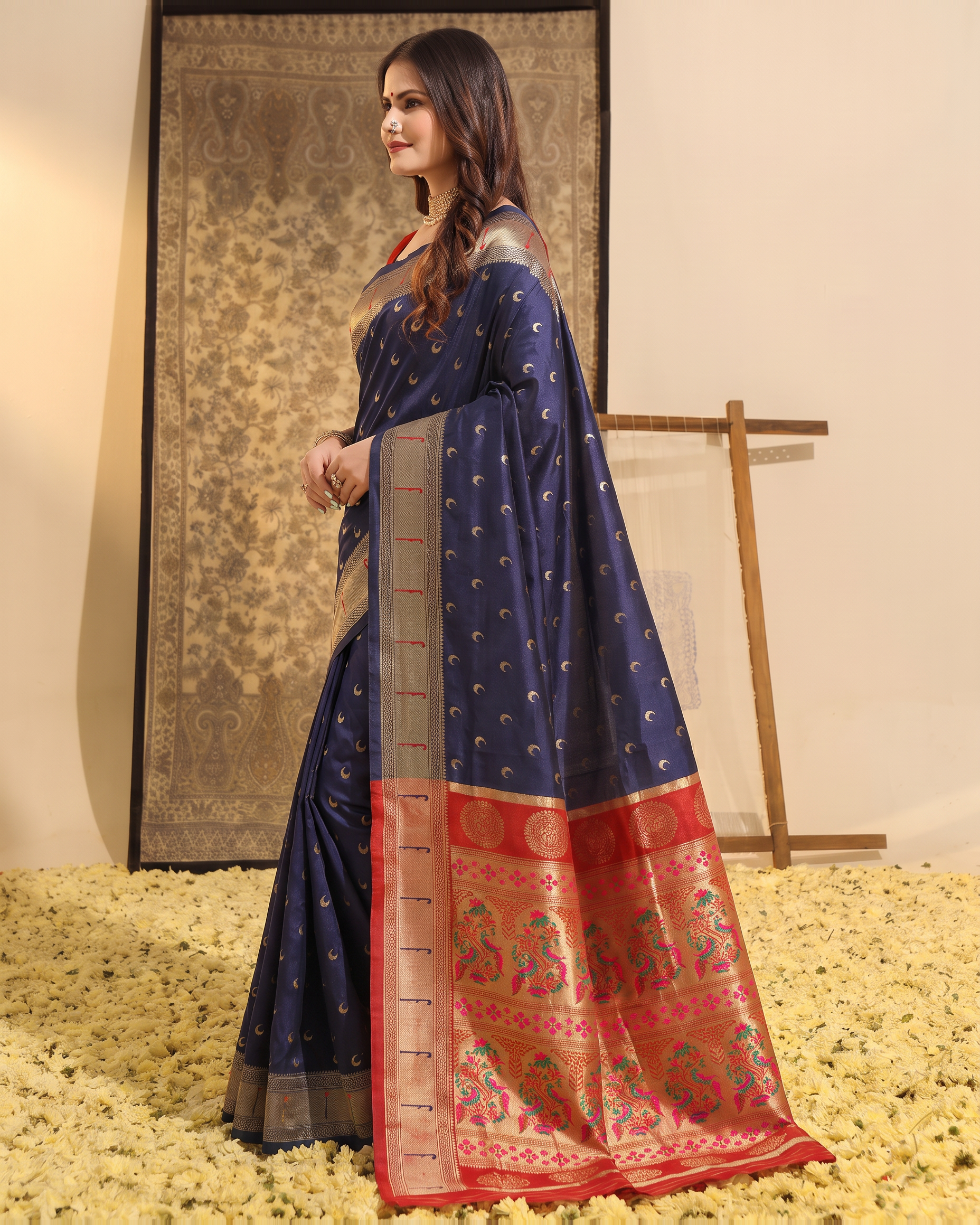 Ira Heritage Zari Pallu Paithani Silk Saree - Navy Blue - side drape