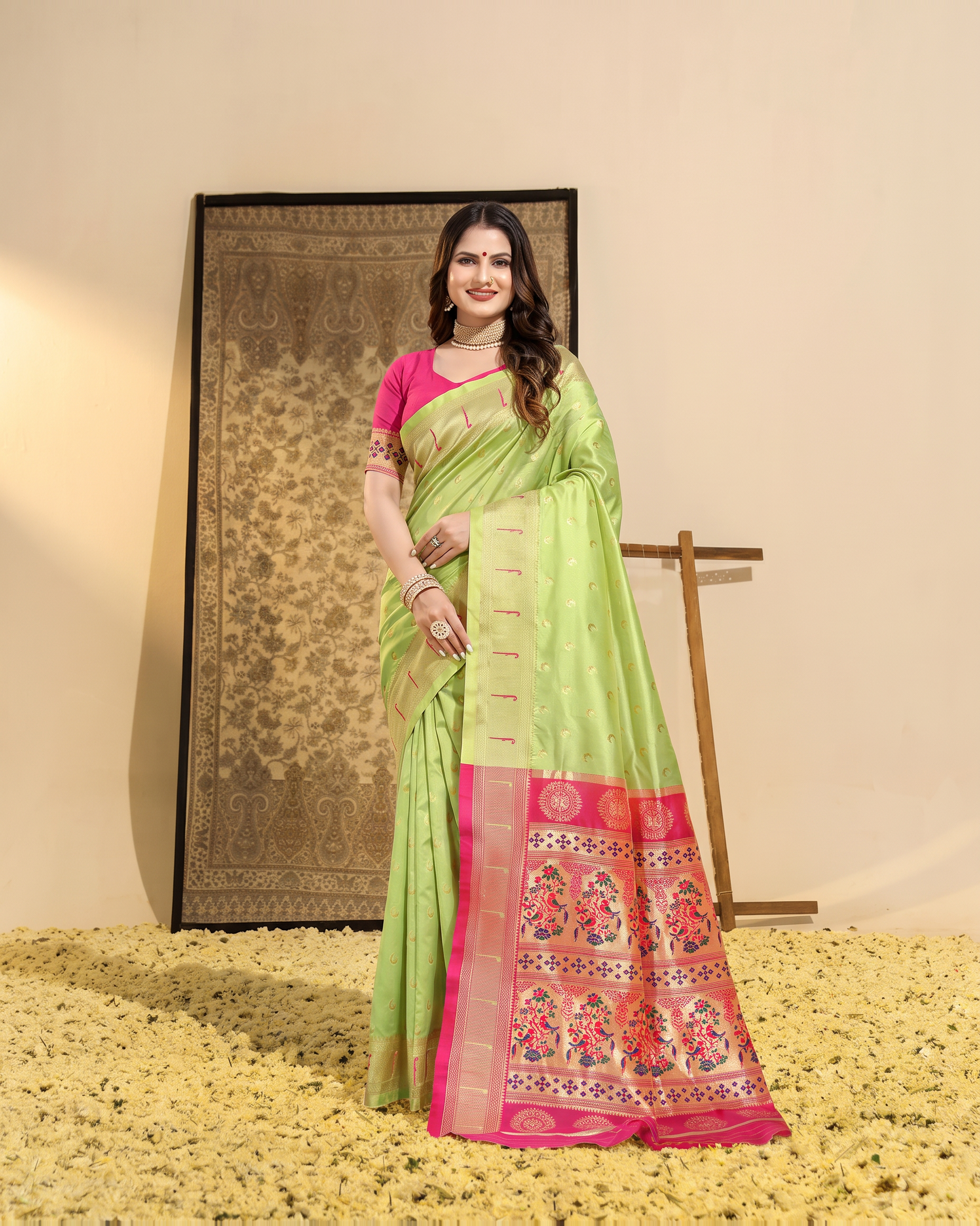 Ira Heritage Zari Pallu Paithani Silk Saree - Pista Green - full saree hero