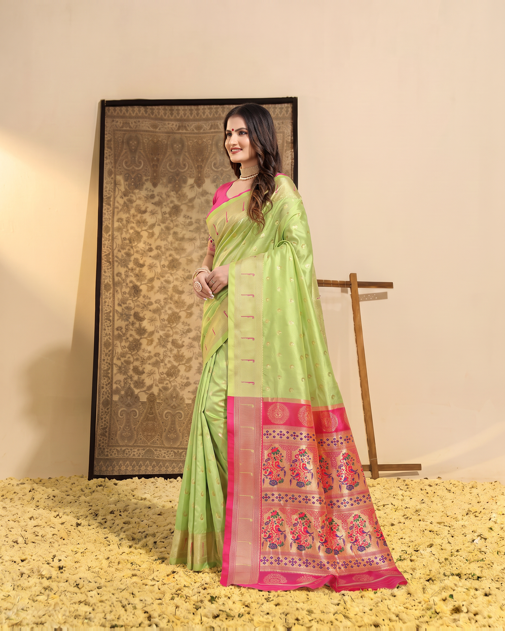 Ira Heritage Zari Pallu Paithani Silk Saree - Pista Green - side drape