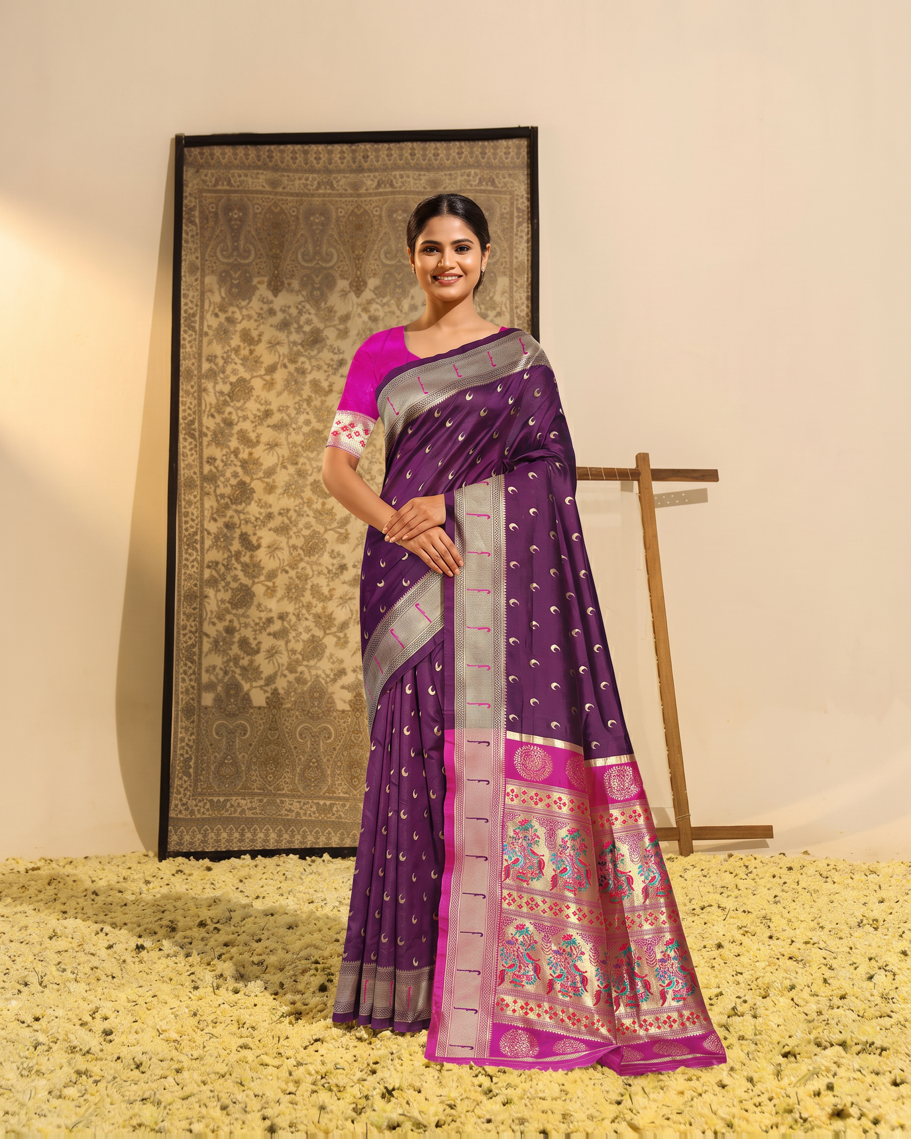 Ira Heritage Zari Pallu Paithani Silk Saree - Purple - full saree hero