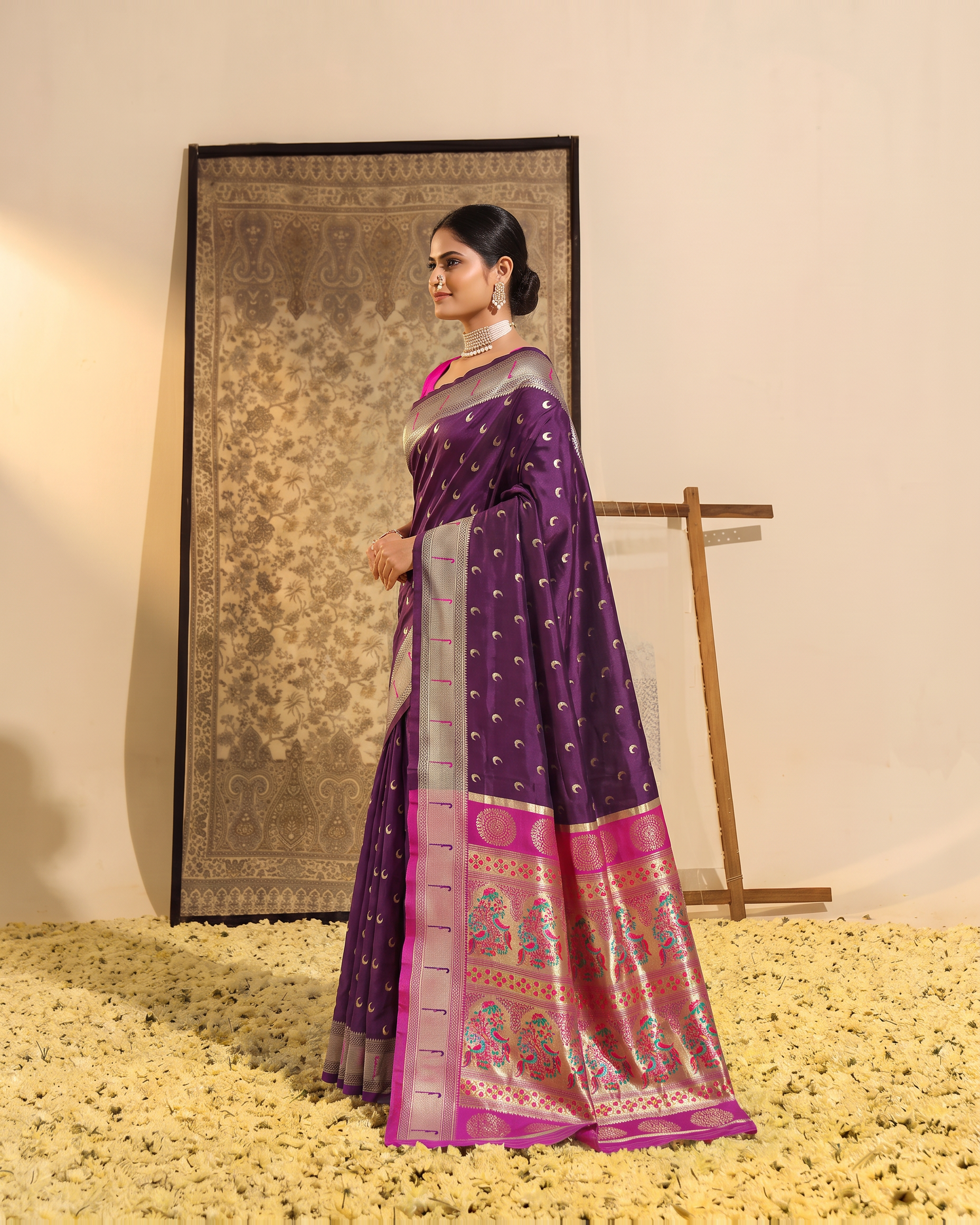 Ira Heritage Zari Pallu Paithani Silk Saree - Purple - side drape