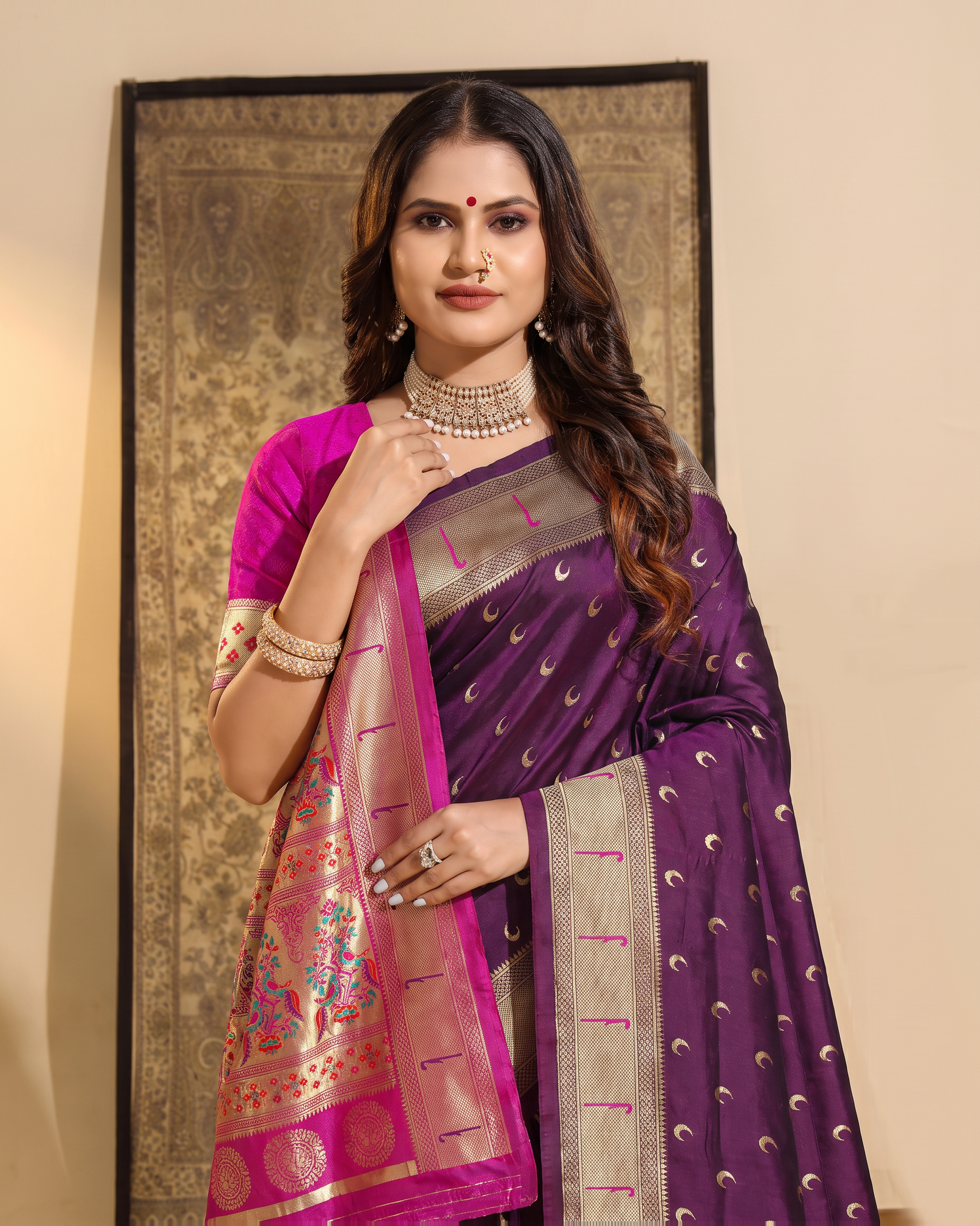 Ira Heritage Zari Pallu Paithani Silk Saree - Purple - upper closeup