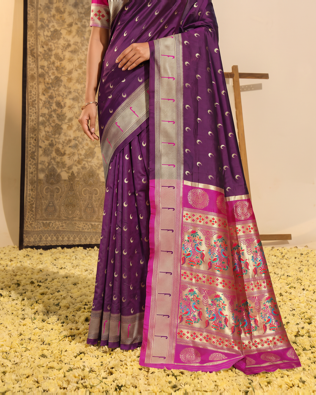 Ira Heritage Zari Pallu Paithani Silk Saree - Purple - lower closeup