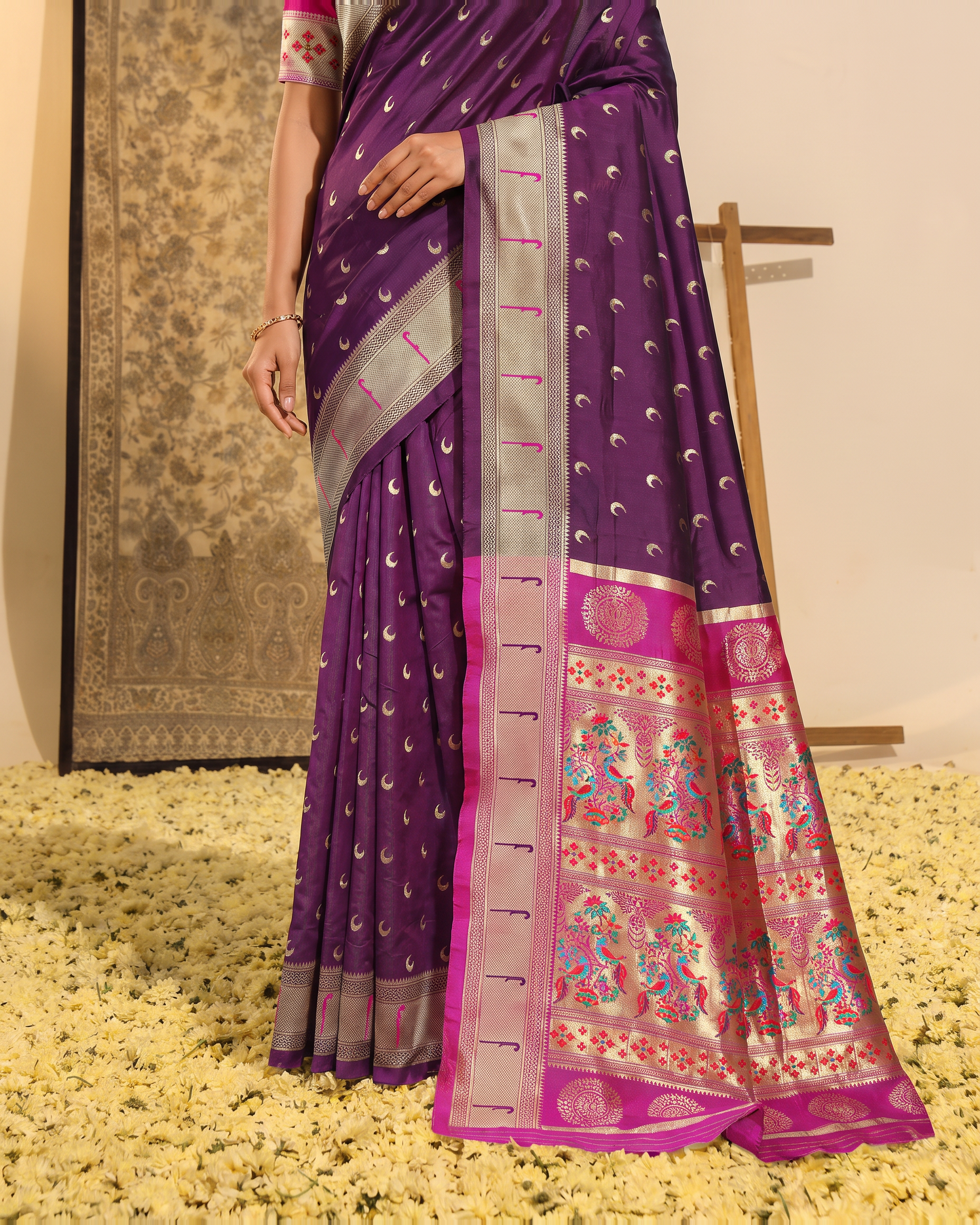 Ira Heritage Zari Pallu Paithani Silk Saree - Purple - lower closeup