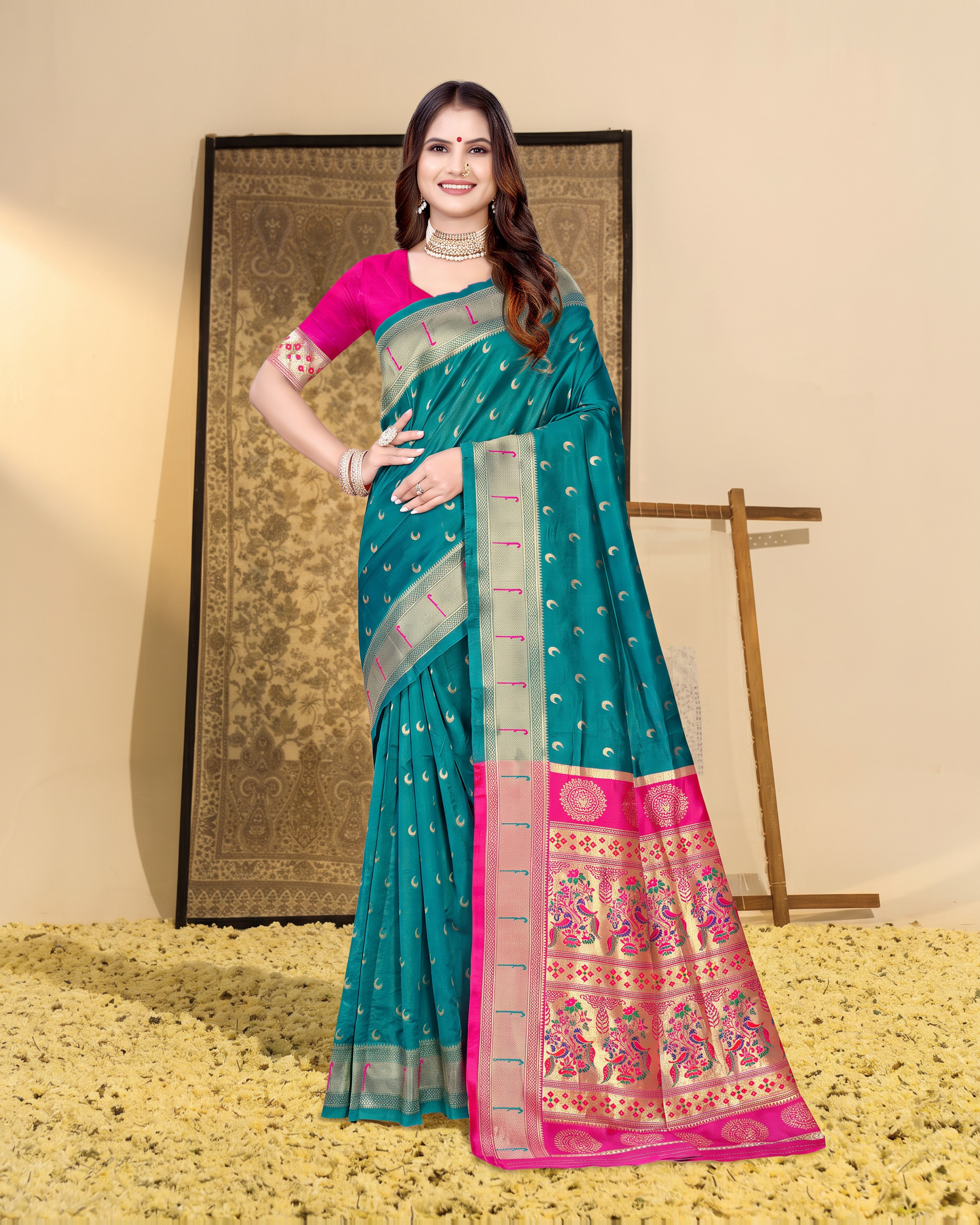Ira Heritage Zari Pallu Paithani Silk Saree - Rama Green - full saree hero