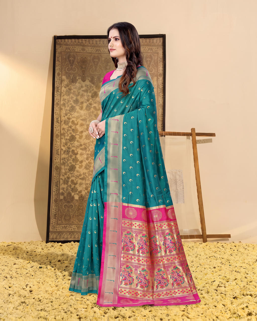 Ira Heritage Zari Pallu Paithani Silk Saree - Rama Green - side drape