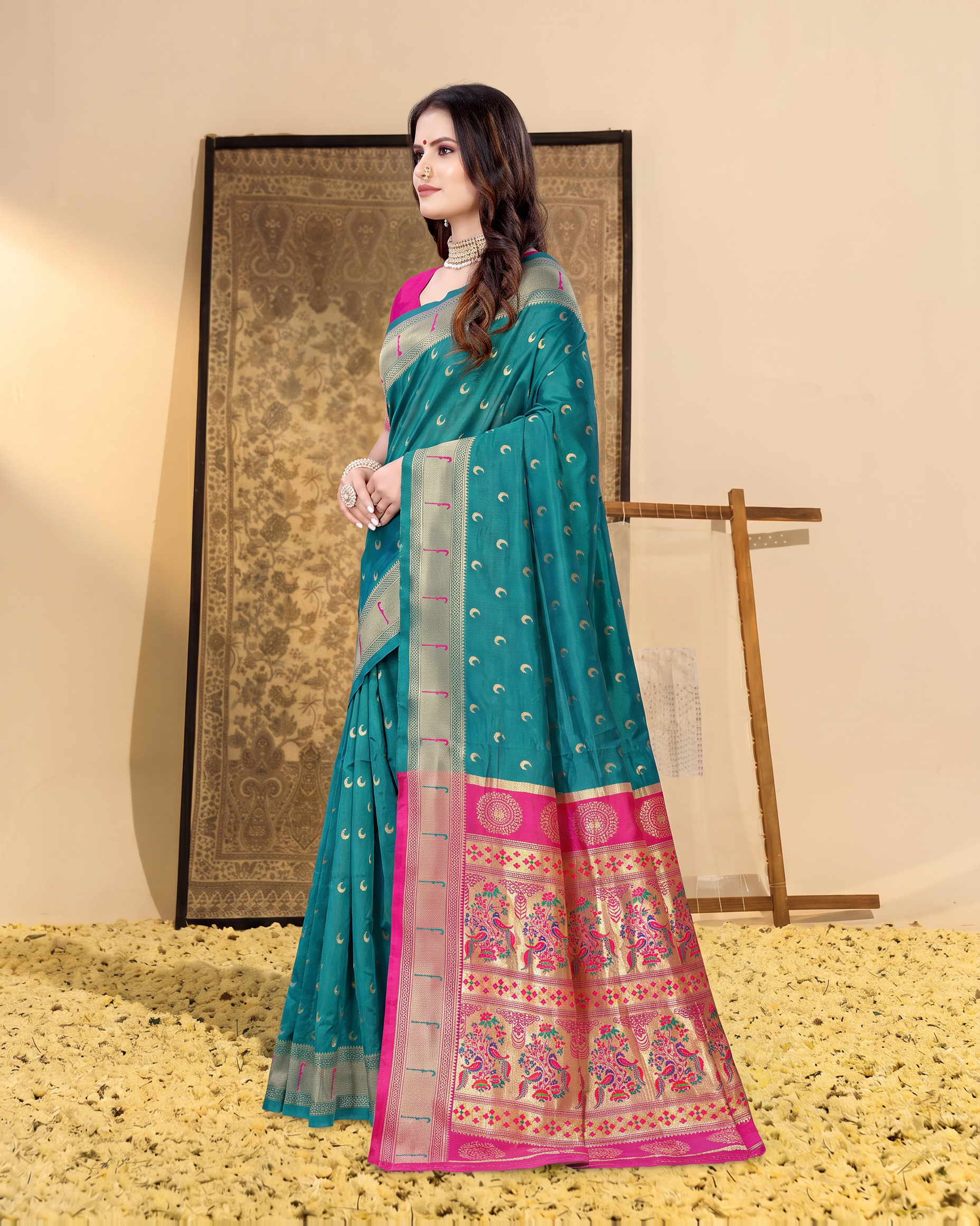 Ira Heritage Zari Pallu Paithani Silk Saree - Rama Green - side drape