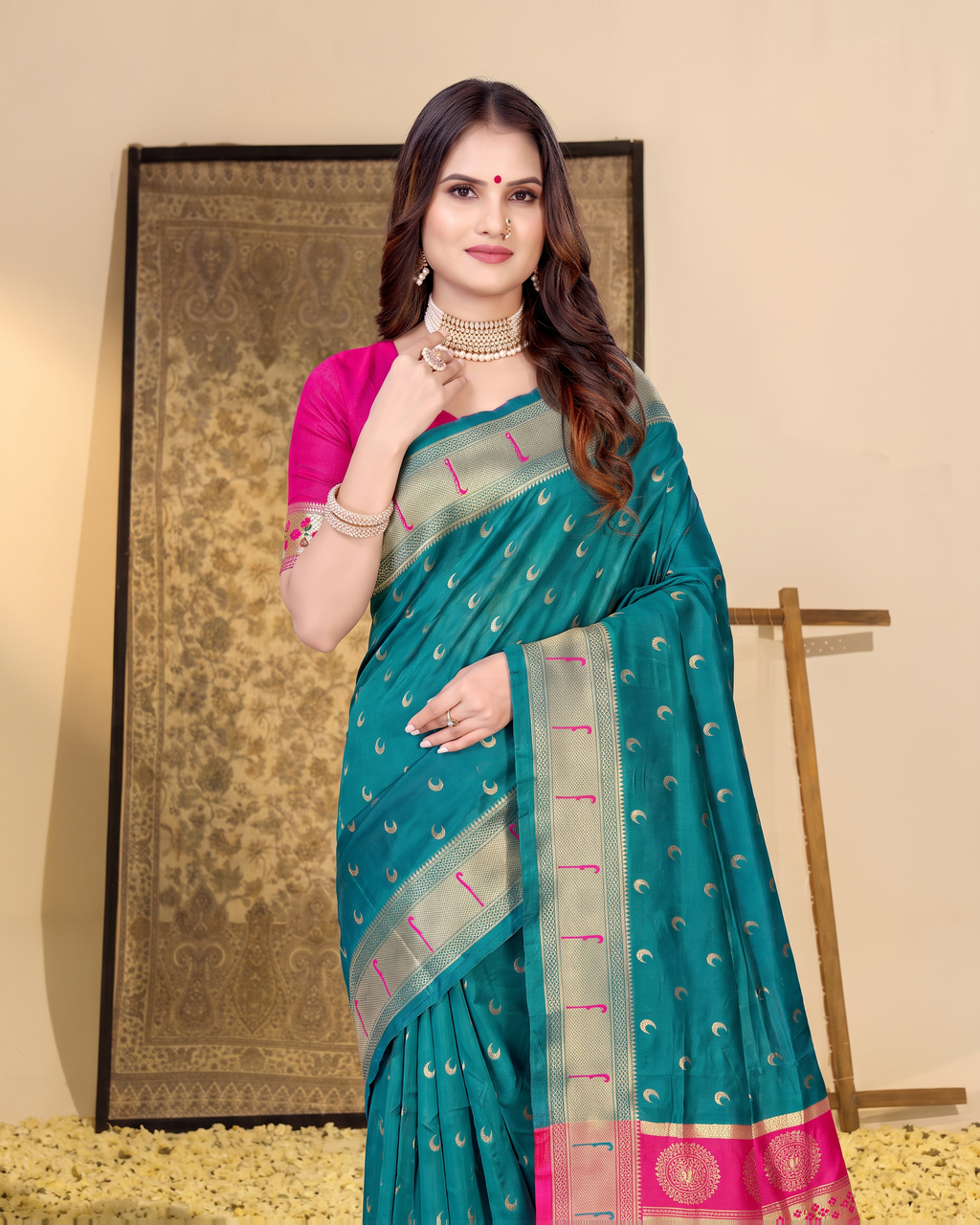 Ira Heritage Zari Pallu Paithani Silk Saree - Rama Green - upper closeup