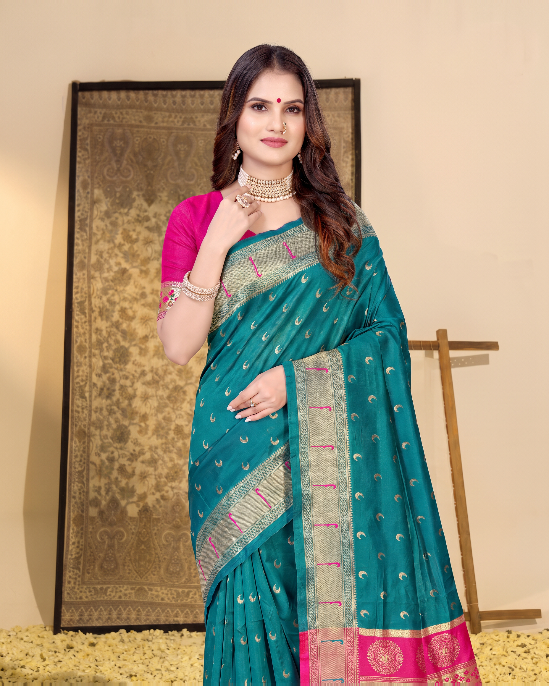 Ira Heritage Zari Pallu Paithani Silk Saree - Rama Green - upper closeup