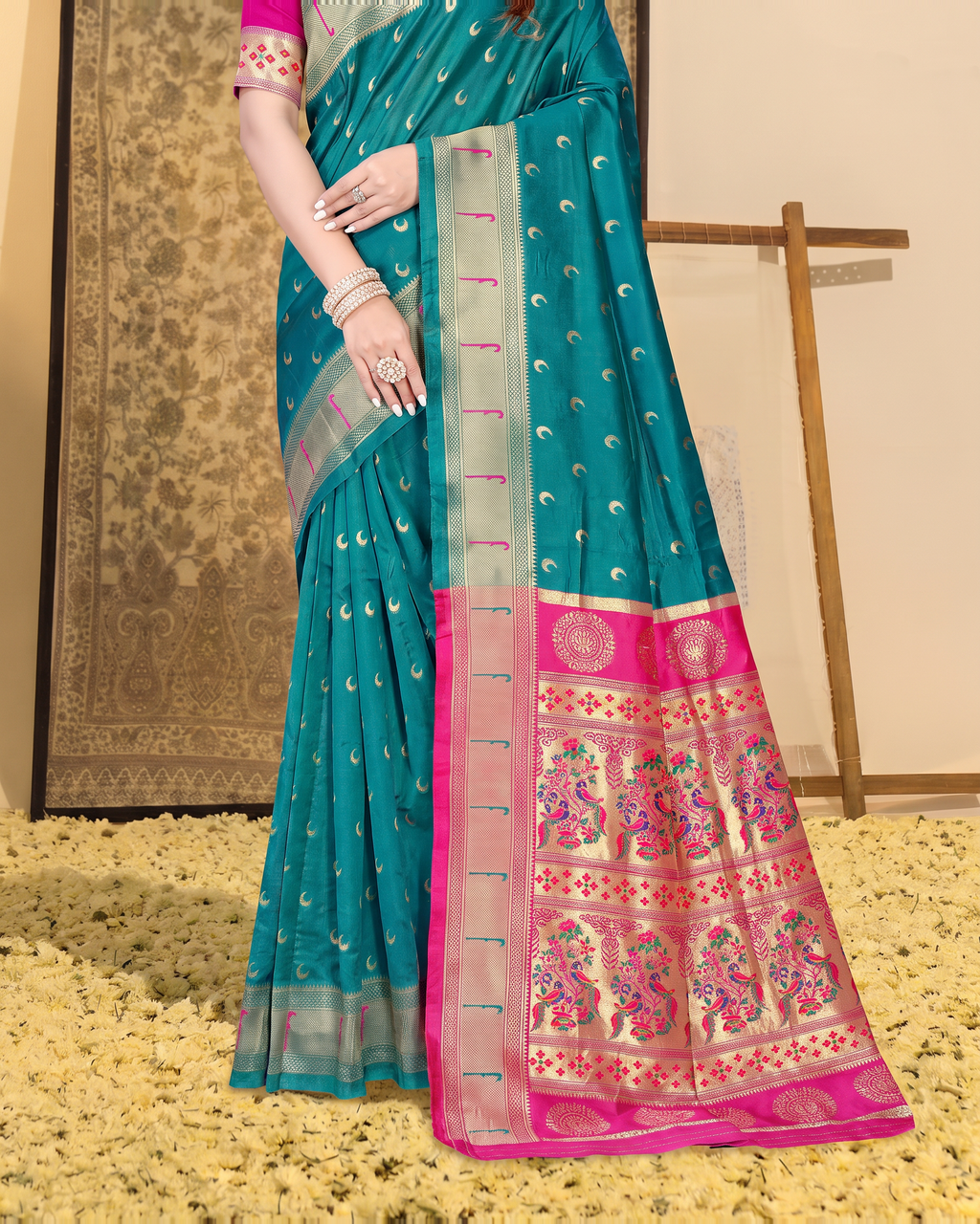 Ira Heritage Zari Pallu Paithani Silk Saree - Rama Green - lower closeup