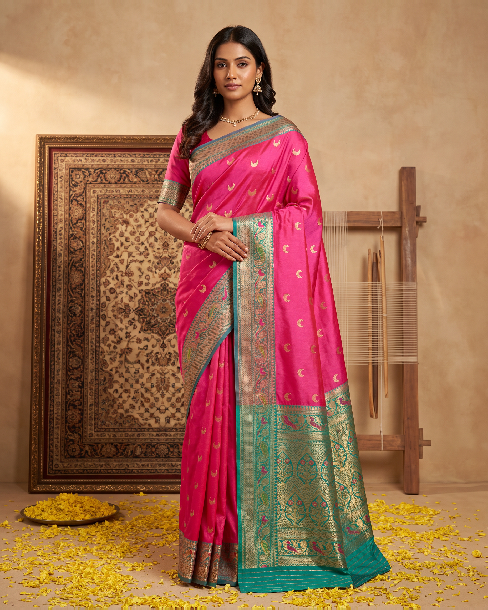Ira Heritage Zari Pallu Paithani Silk Saree - Rani Pink - full saree hero