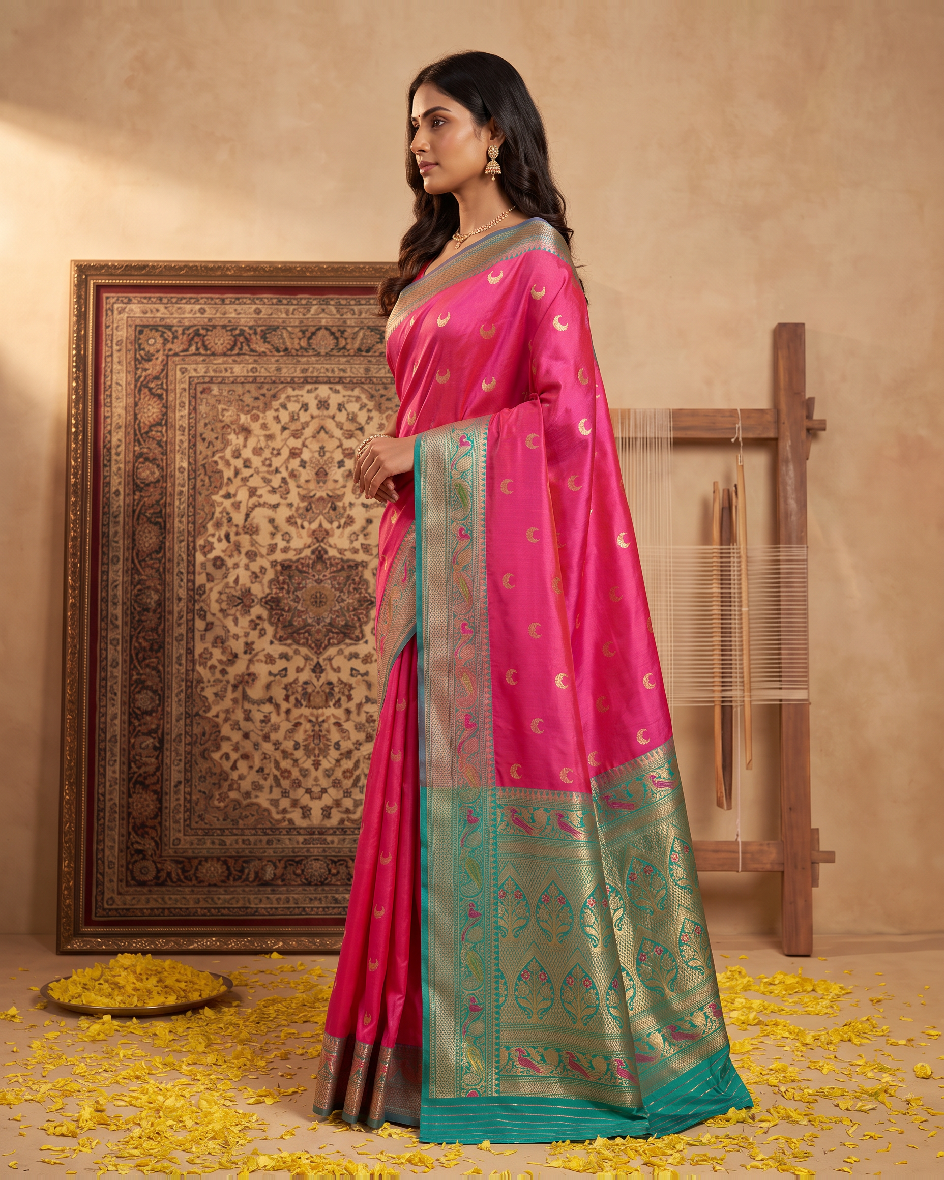Ira Heritage Zari Pallu Paithani Silk Saree - Rani Pink - side drape