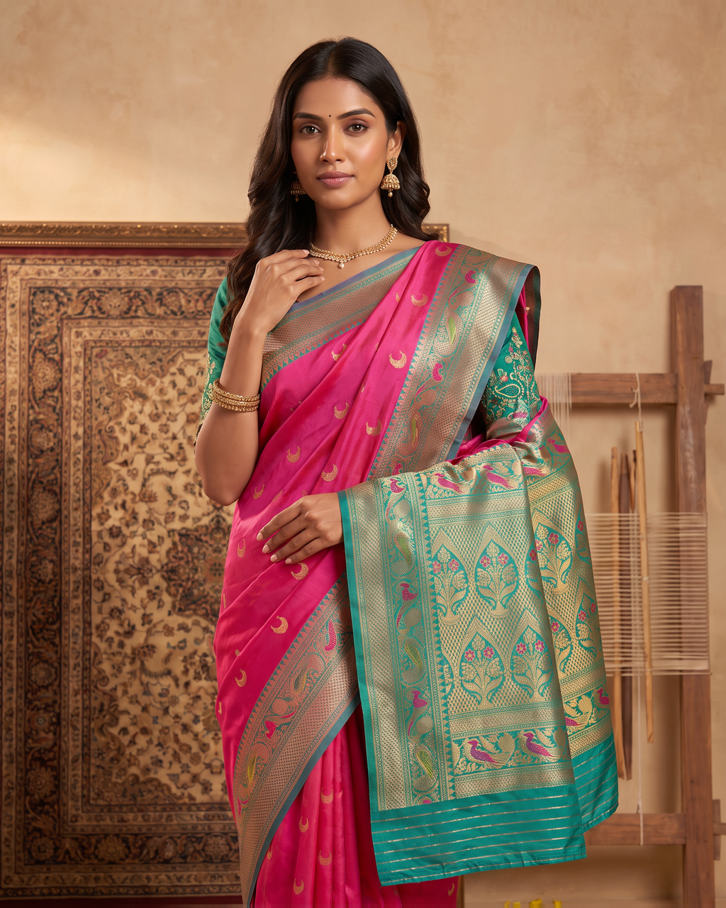 Ira Heritage Zari Pallu Paithani Silk Saree - Rani Pink - upper closeup