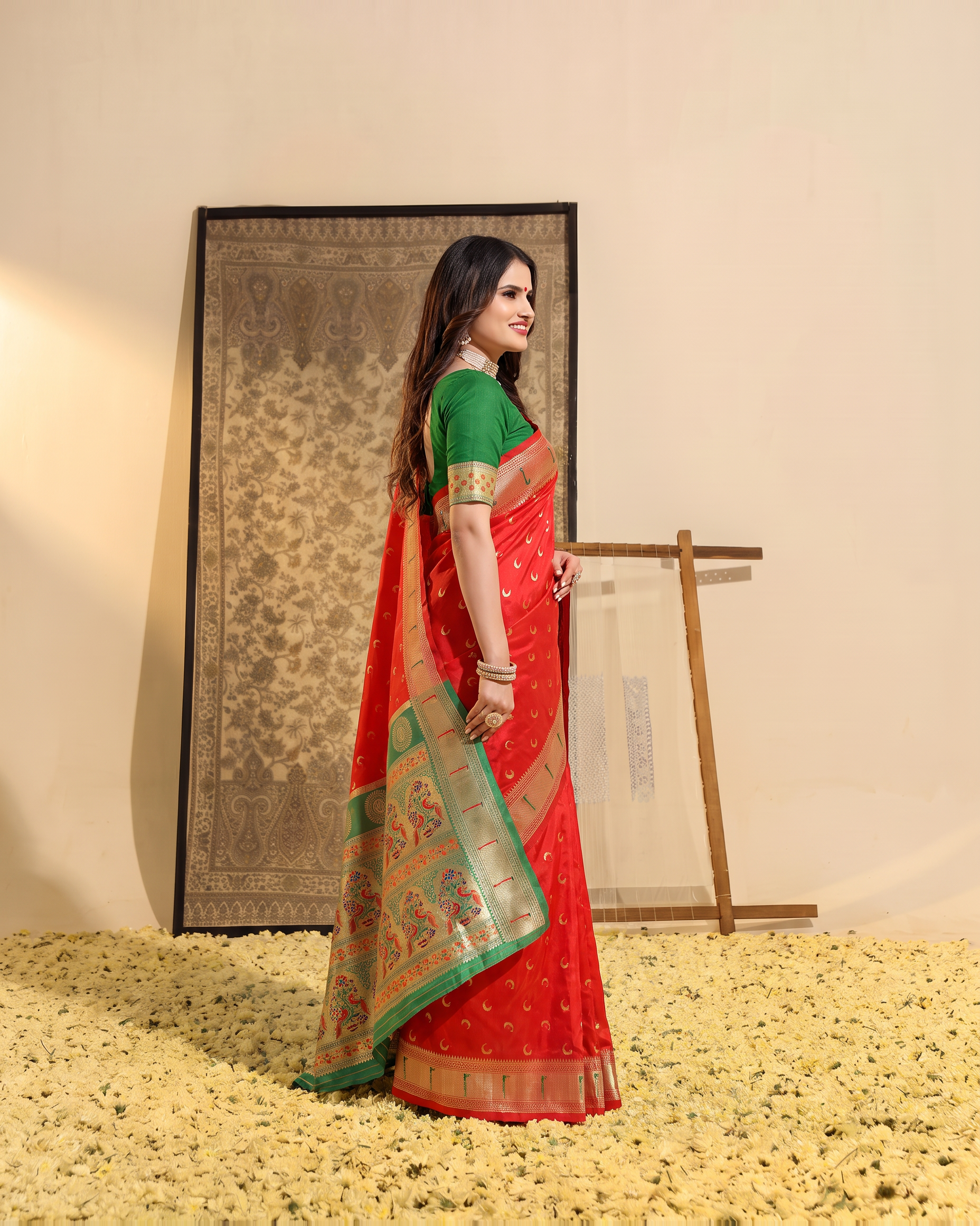 Ira Heritage Zari Pallu Paithani Silk Saree - Red - side drape