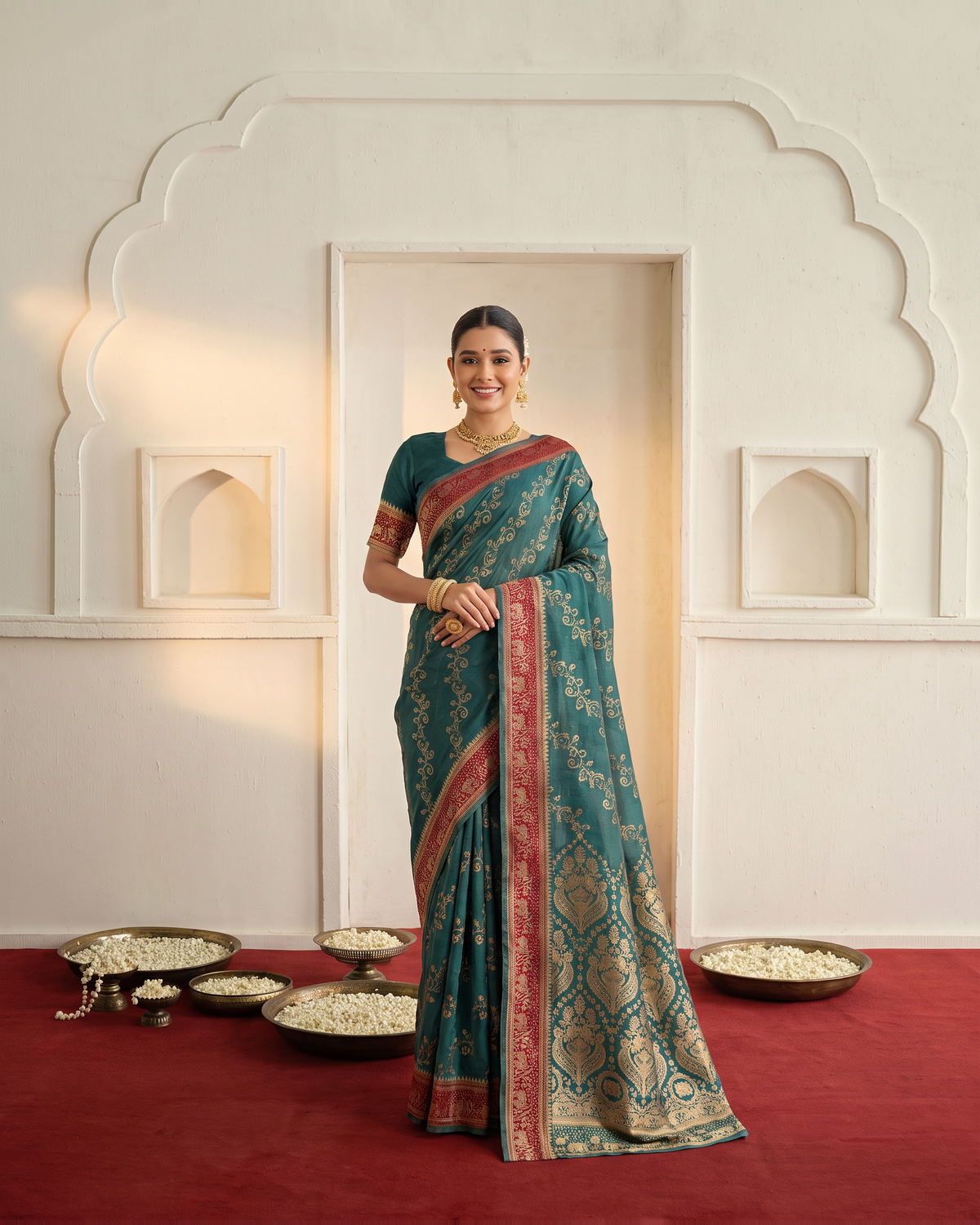 Iravati Traditional Motif Zari Silk Saree with Ornate Border - Green - full saree hero
