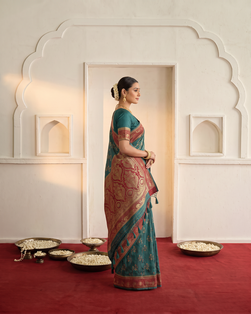 Iravati Traditional Motif Zari Silk Saree with Ornate Border - Green - side