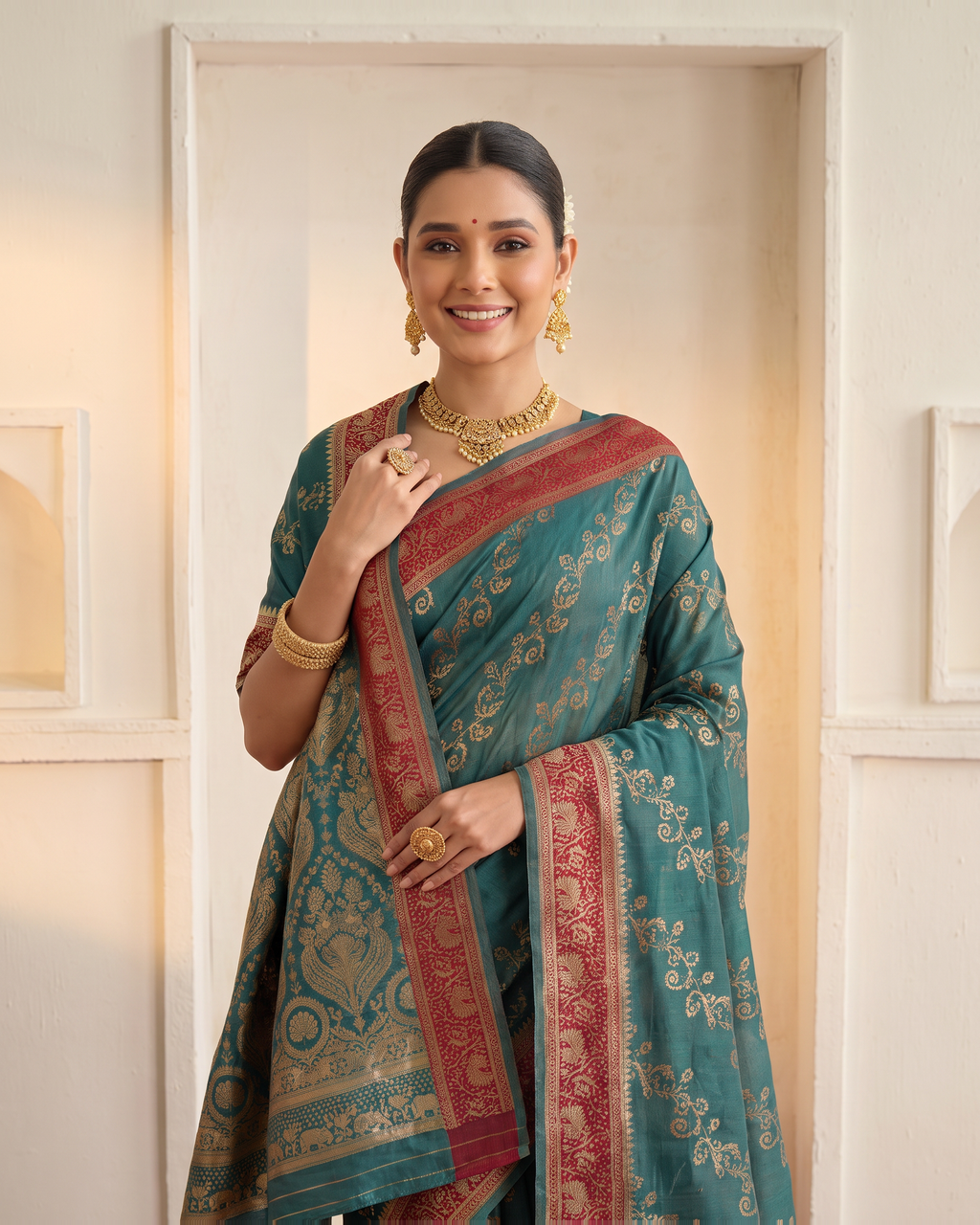 Iravati Traditional Motif Zari Silk Saree with Ornate Border - Green - upper closeup