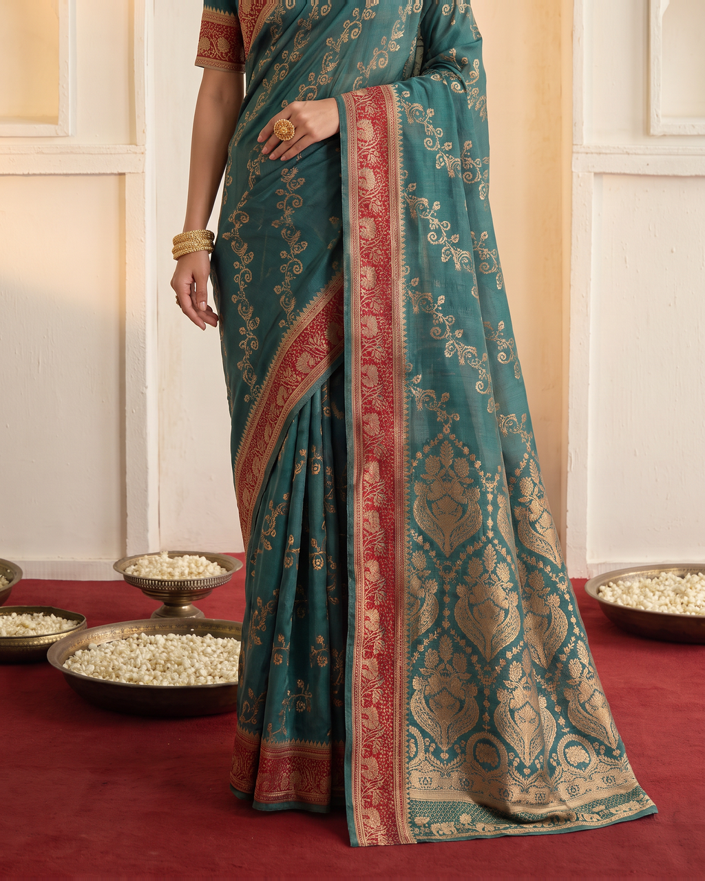 Iravati Traditional Motif Zari Silk Saree with Ornate Border - Green - lower closeup