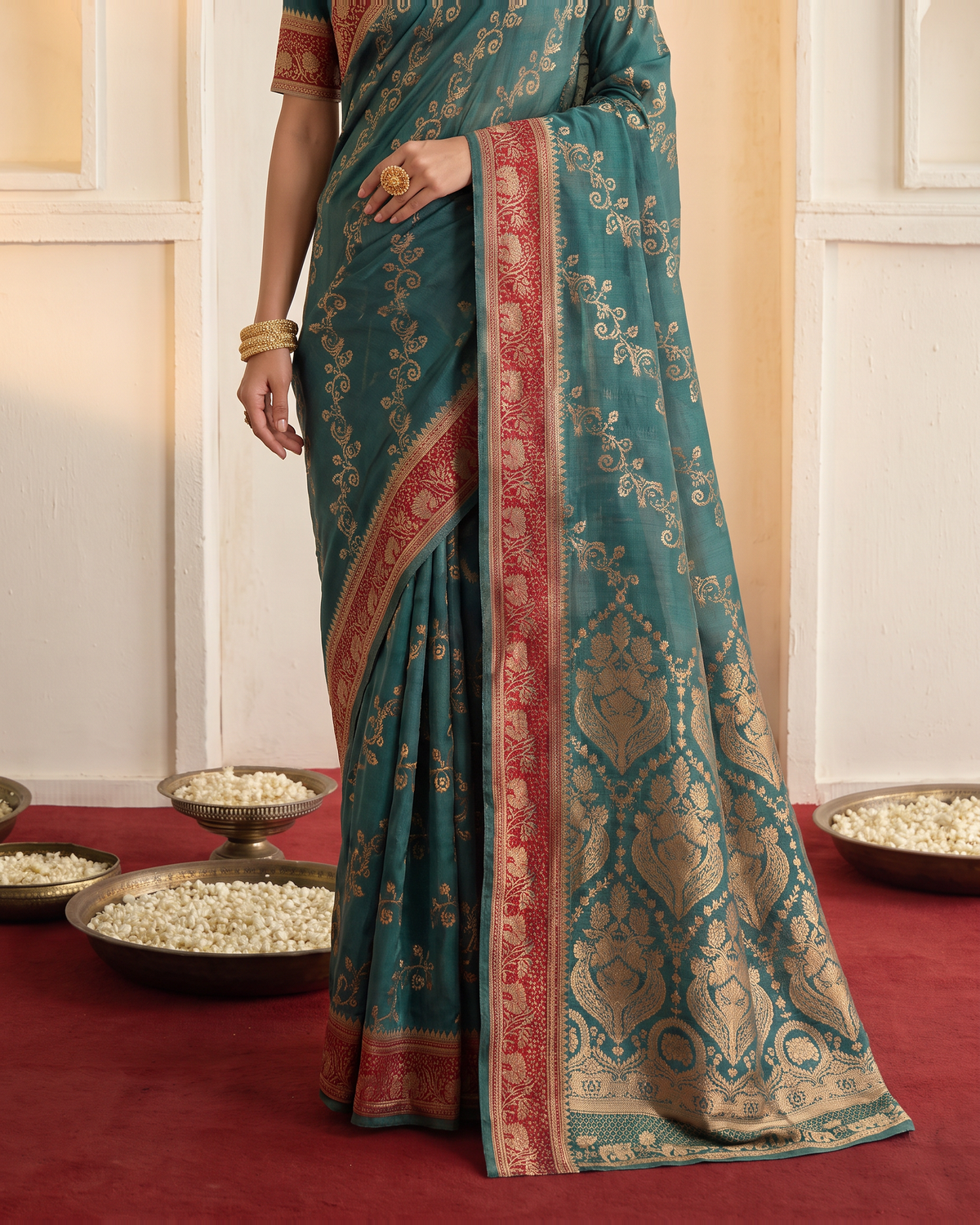 Iravati Traditional Motif Zari Silk Saree with Ornate Border - Green - lower closeup
