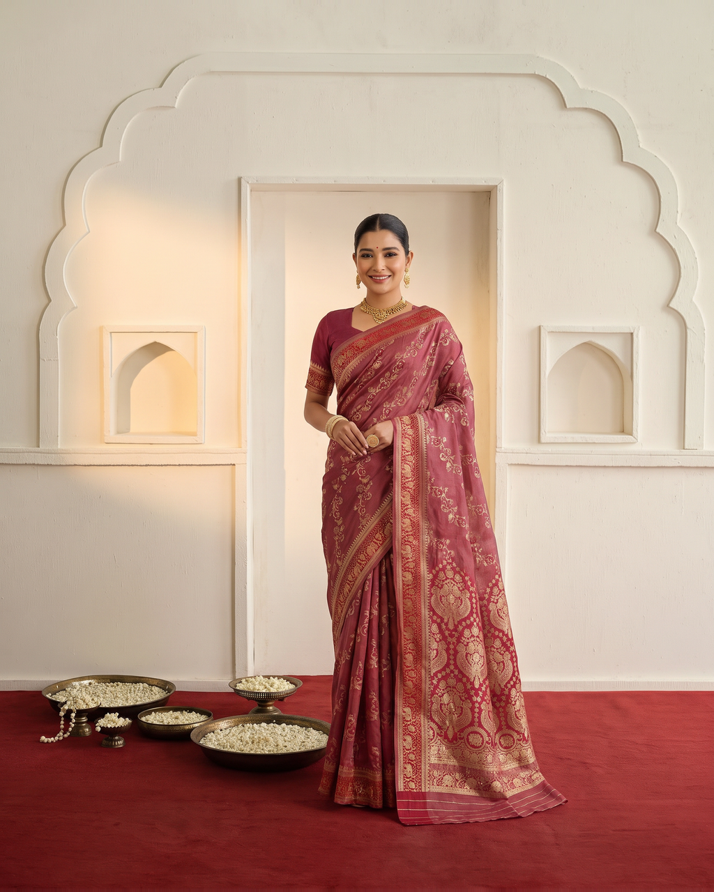 Iravati Traditional Motif Zari Silk Saree with Ornate Border - Maroon - full saree hero