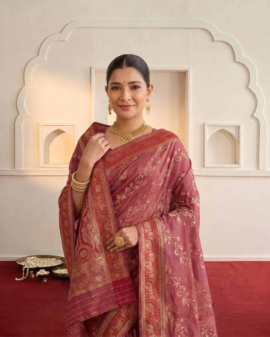 Iravati Traditional Motif Zari Silk Saree with Ornate Border - Maroon - upper closeup