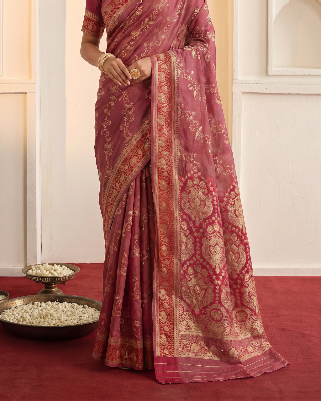 Iravati Traditional Motif Zari Silk Saree with Ornate Border - Maroon - lower closeup