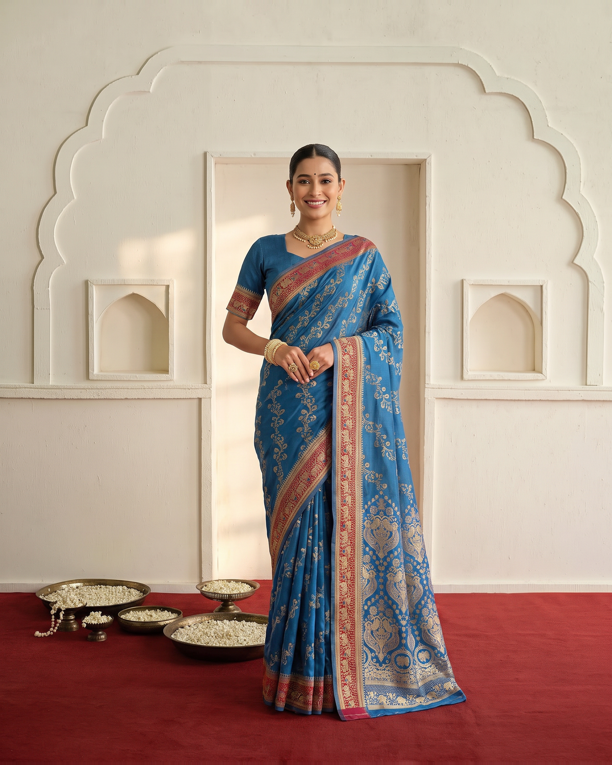 Iravati Traditional Motif Zari Silk Saree with Ornate Border - Navy Blue - full saree hero