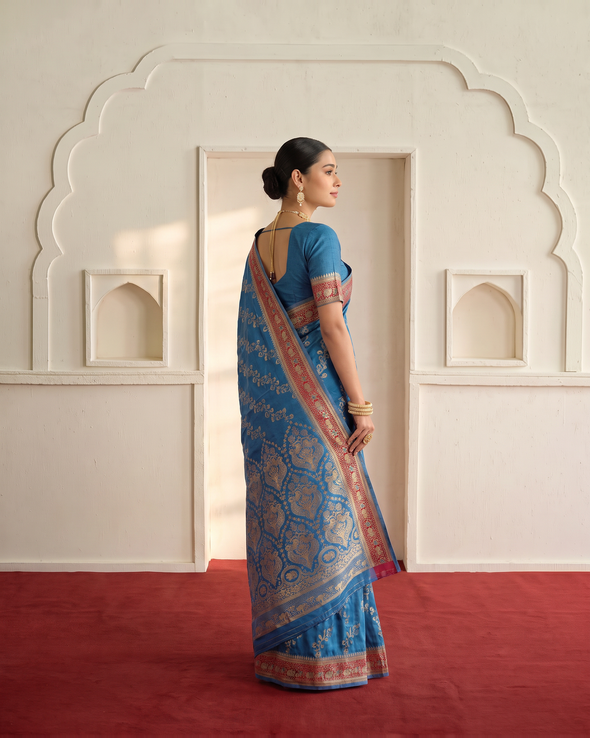 Iravati Traditional Motif Zari Silk Saree with Ornate Border - Navy Blue - side