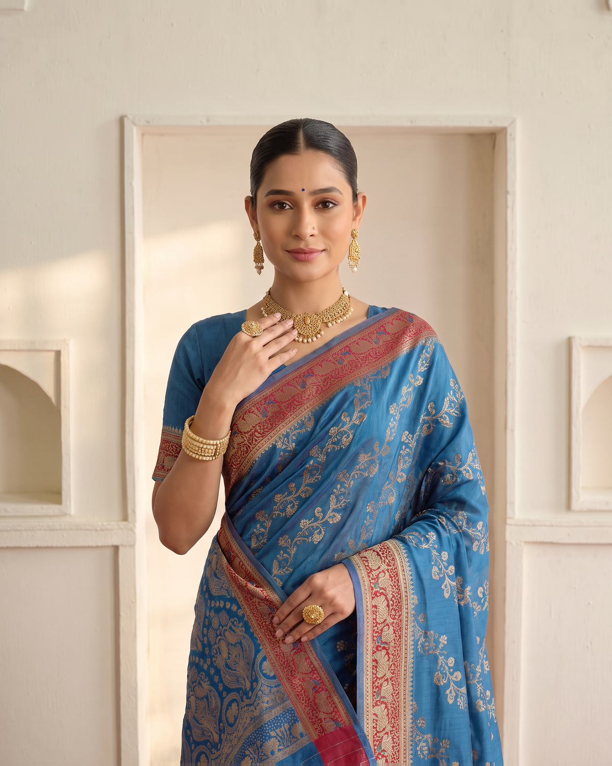 Iravati Traditional Motif Zari Silk Saree with Ornate Border - Navy Blue - upper closeup