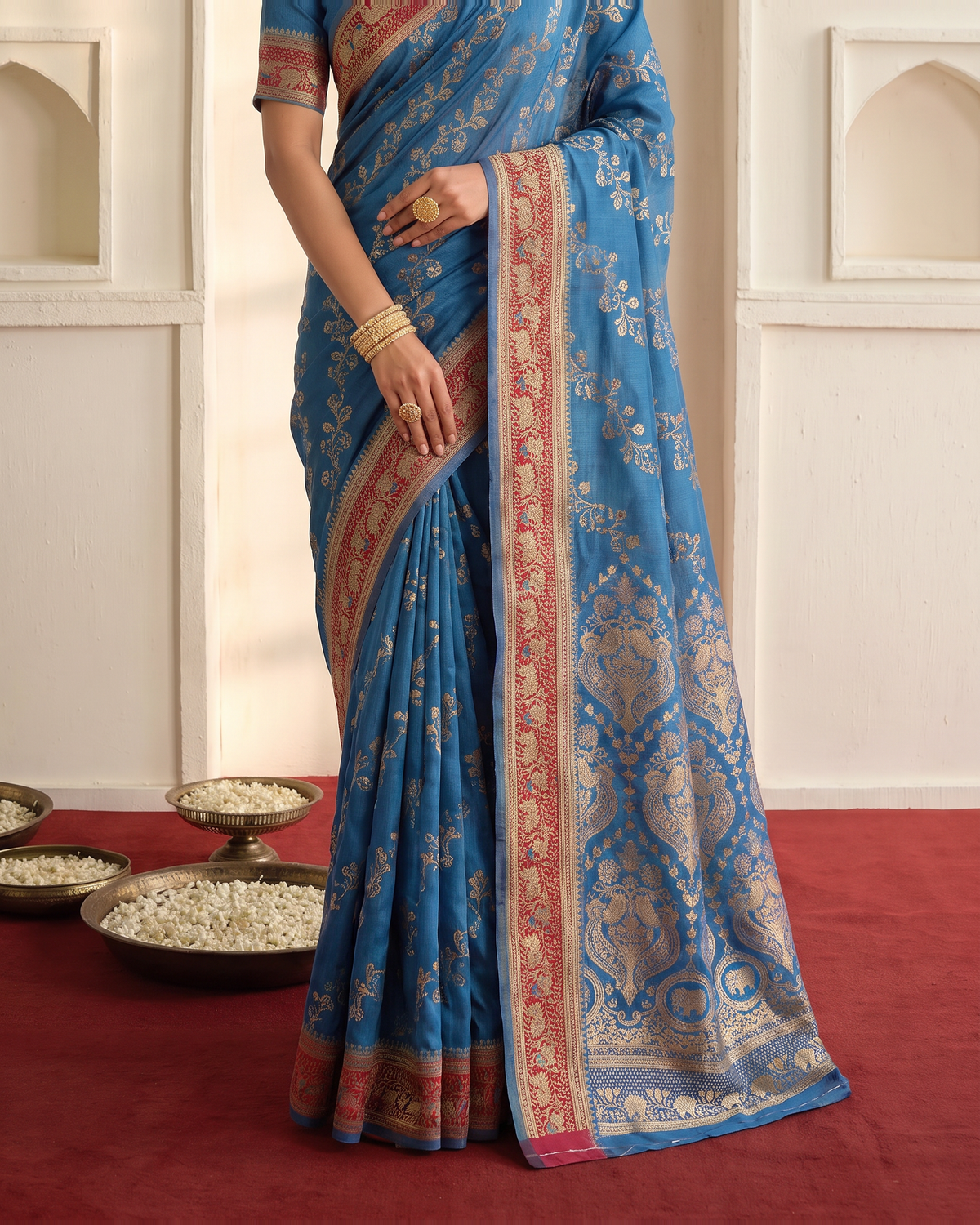 Iravati Traditional Motif Zari Silk Saree with Ornate Border - Navy Blue - lower closeup