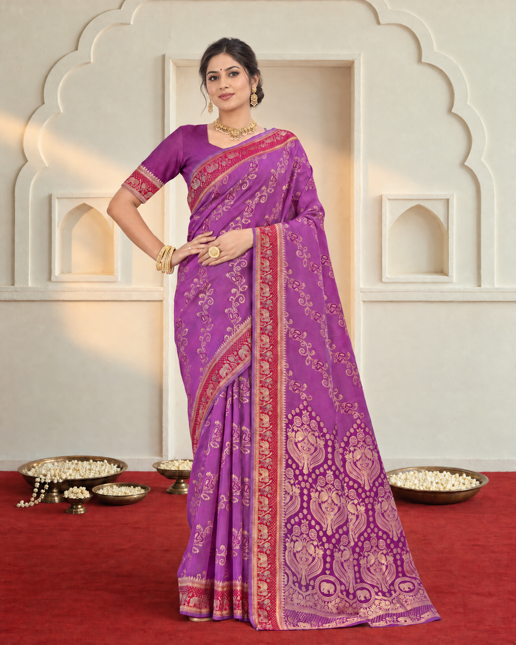 Iravati Traditional Motif Zari Silk Saree with Ornate Border - Purple - full saree hero