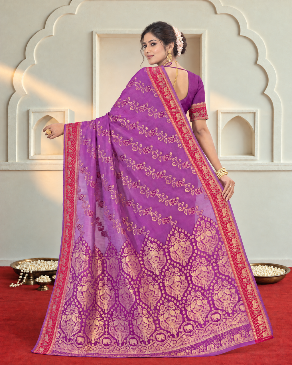 Iravati Traditional Motif Zari Silk Saree with Ornate Border - Purple - side