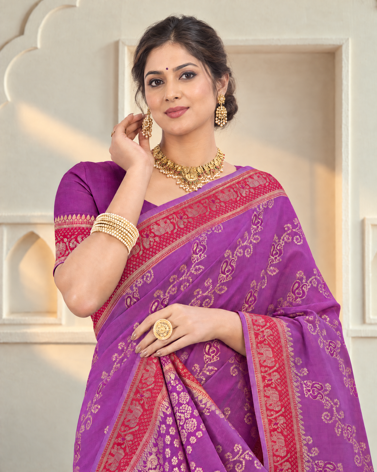 Iravati Traditional Motif Zari Silk Saree with Ornate Border - Purple - upper closeup