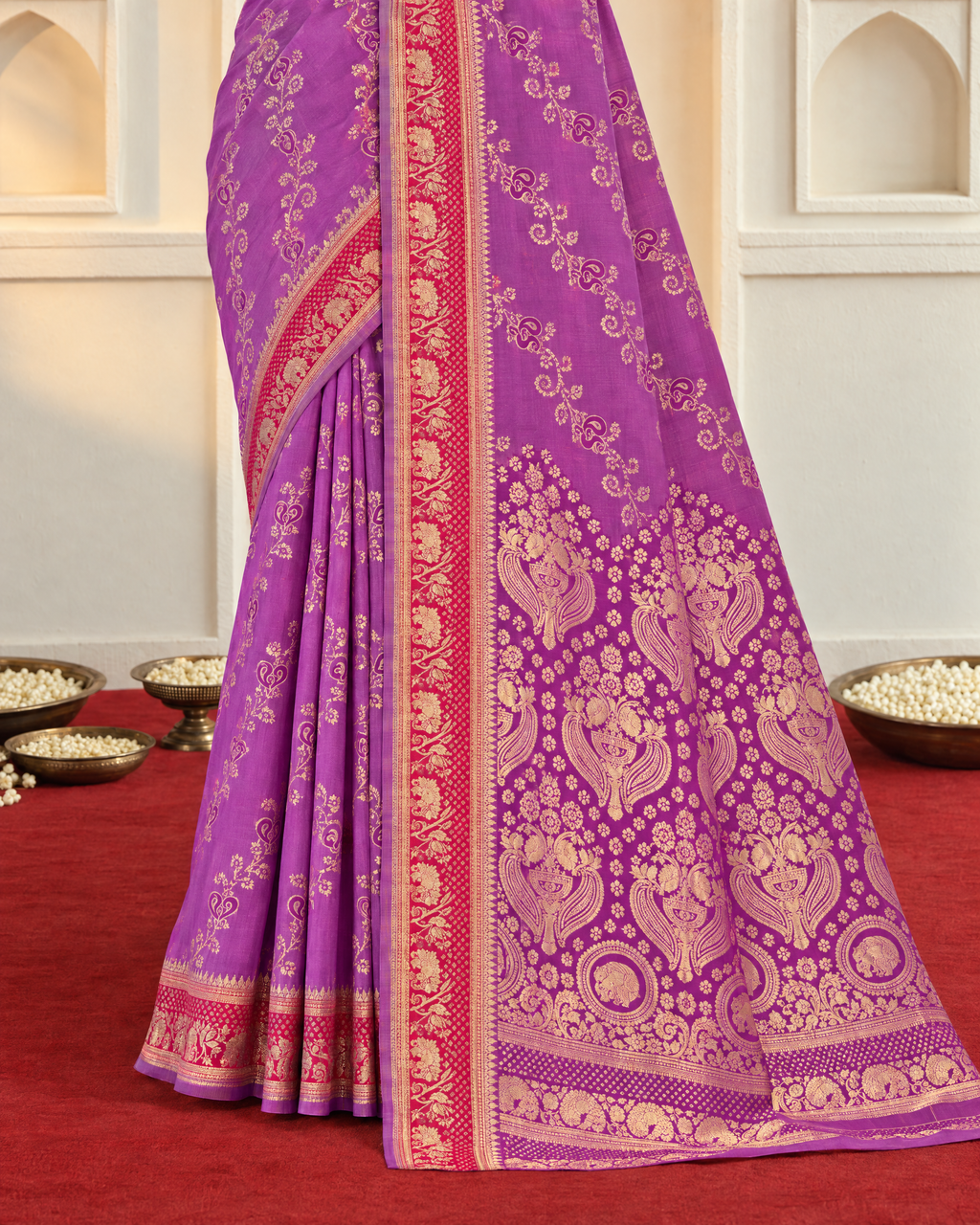 Iravati Traditional Motif Zari Silk Saree with Ornate Border - Purple - lower closeup