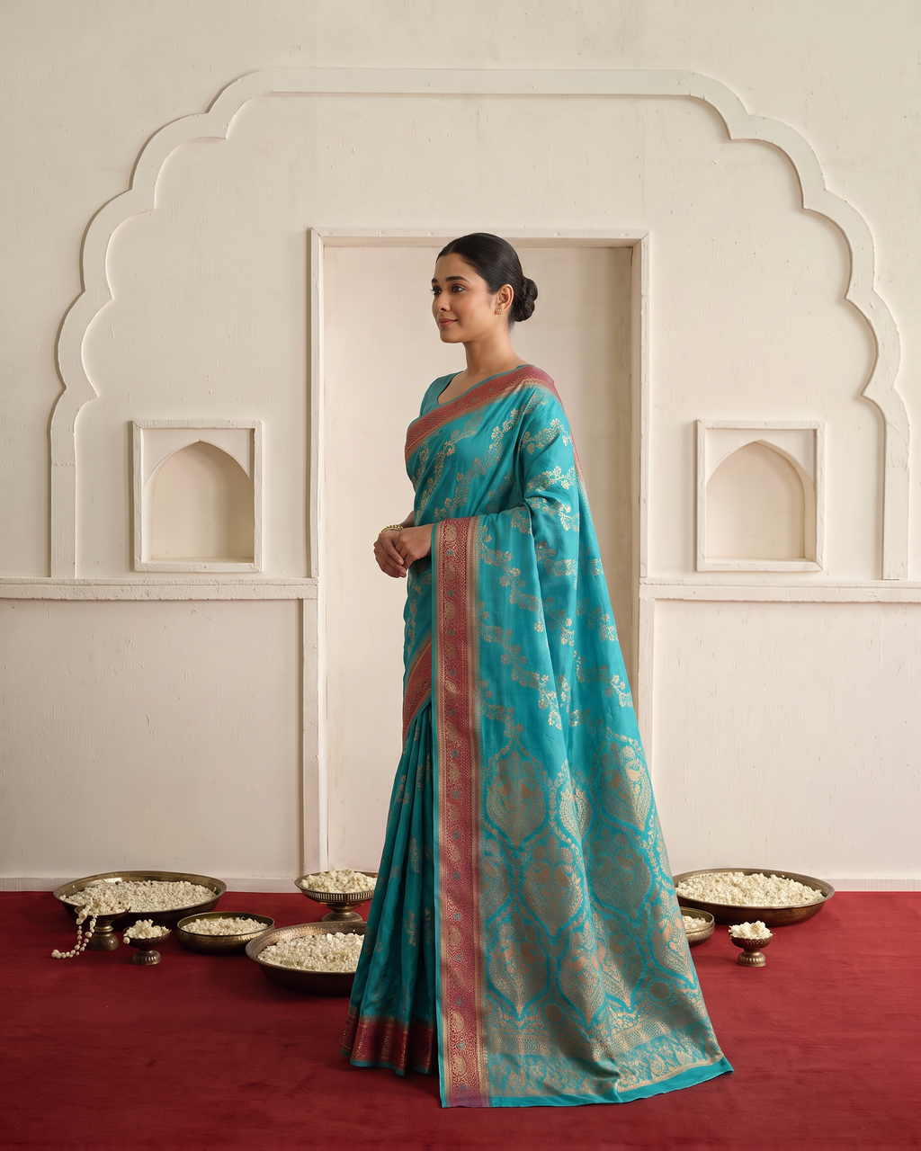 Iravati Traditional Motif Zari Silk Saree with Ornate Border - Rama - side