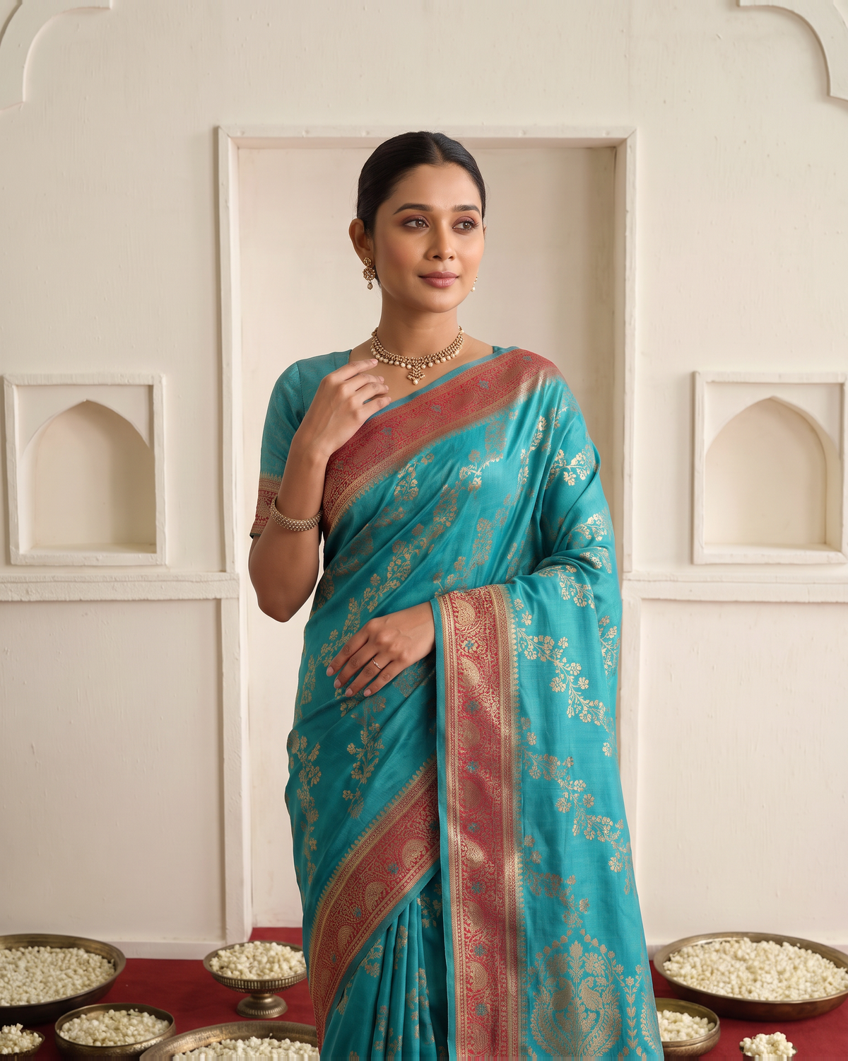 Iravati Traditional Motif Zari Silk Saree with Ornate Border - Rama - upper closeup