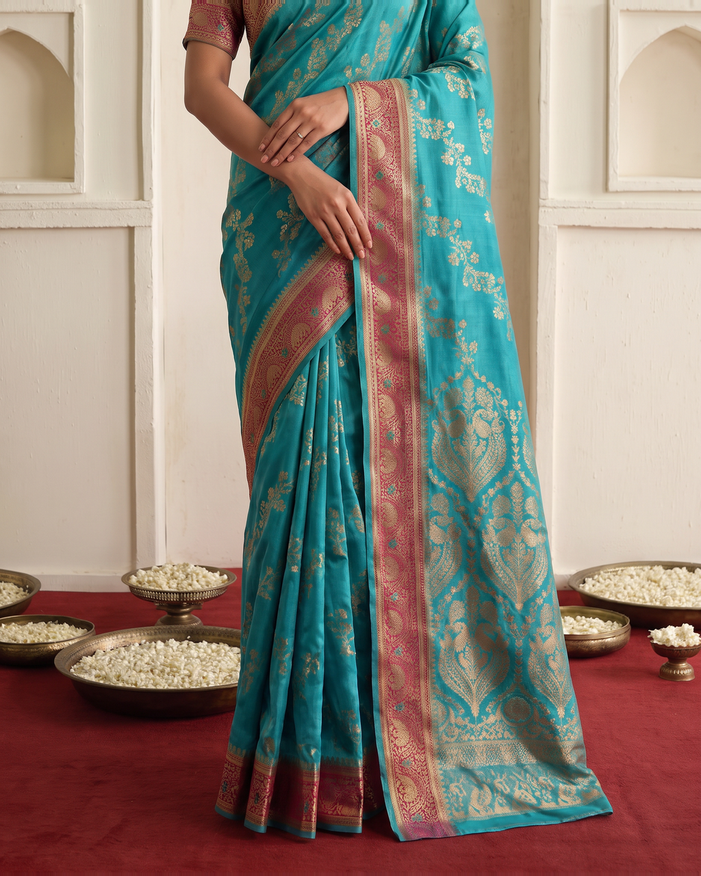 Iravati Traditional Motif Zari Silk Saree with Ornate Border - Rama - lower closeup