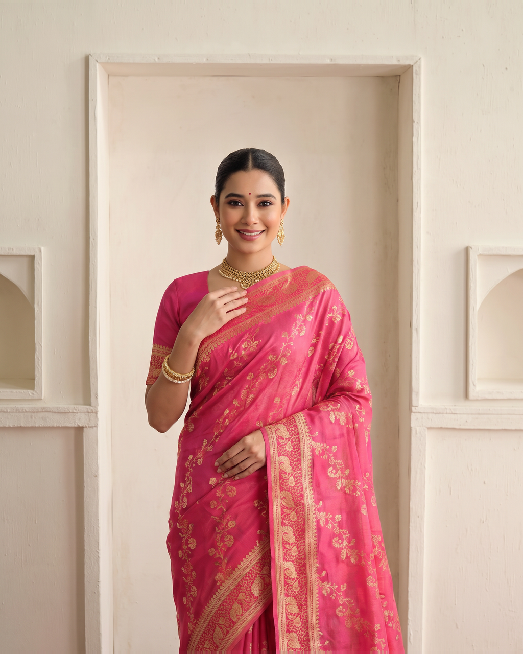 Iravati Traditional Motif Zari Silk Saree with Ornate Border - Rani - upper closeup